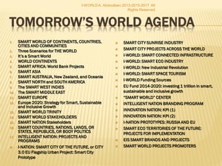 1.1. SMART WORLD OF CONTINENTS,SMART WORLD OF CONTINENTS,
COUNTRIES, CITIES AND COMMUNITIESCOUNTRIES, CITIES AND COMMUNITIES
2.2. Three Scenarios for THE WORLDThree Scenarios for THE WORLD
3.3. It’s a Smart WorldIt’s a Smart World
4.4. WORLD CONTINENTSWORLD CONTINENTS
5.5. SMART AFRICA: World Bank ProjectsSMART AFRICA: World Bank Projects
6.6. SMART ASIASMART ASIA
7.7. SMART AUSTRALIA, New Zealand, andSMART AUSTRALIA, New Zealand, and
OceaniaOceania
8.8. SMART NORTH and SOUTH AMERICASMART NORTH and SOUTH AMERICA
9.9. The SMART WEST INDIESThe SMART WEST INDIES
10.10. The SMART MIDDLE EASTThe SMART MIDDLE EAST
11.11. SMART EUROPESMART EUROPE
12.12. Europe 2020: Strategy for Smart,Europe 2020: Strategy for Smart,
Sustainable and Inclusive GrowthSustainable and Inclusive Growth
13.13. SMART WORLD TRINITYSMART WORLD TRINITY
14.14. SMART WORLD STAKEHOLDERSSMART WORLD STAKEHOLDERS
15.15. SMART NATION StakeholdersSMART NATION Stakeholders
16.16. SMART COUNTRIES, NATIONS, LANDS,SMART COUNTRIES, NATIONS, LANDS,
OR STATES, REPUBLICS, OR BODYOR STATES, REPUBLICS, OR BODY
POLITICSPOLITICS
17.17. INTELLIGENT NATION: PROJECTS ANDINTELLIGENT NATION: PROJECTS AND
PROGRAMSPROGRAMS
18.18. I-NATION: SMART CITY OF THE FUTURE,I-NATION: SMART CITY OF THE FUTURE,
or CITY 3.0or CITY 3.0 EU Flagship Urban Project:EU Flagship Urban Project:
Smart City PrototypeSmart City Prototype
 SMART CITY SUNRISE INDUSTRYSMART CITY SUNRISE INDUSTRY
 SMART CITY PROJECTS ACROSS THESMART CITY PROJECTS ACROSS THE
WORLDWORLD
 I-WORLD: SMART CONNECTEDI-WORLD: SMART CONNECTED
INFRASTRUCTUREINFRASTRUCTURE
 I-WORLD: SMART ECO INDUSTRYI-WORLD: SMART ECO INDUSTRY
 I-WORLD: New Industrial RevolutionI-WORLD: New Industrial Revolution
 I-WORLD: SMART SPACE TOURISMI-WORLD: SMART SPACE TOURISM
 I-WORLDI-WORLD Funding SourcesFunding Sources
 EU Fund 2014-2020: investing 1 trillion inEU Fund 2014-2020: investing 1 trillion in
smart, sustainable and inclusive growthsmart, sustainable and inclusive growth
 ““SMART WORLD” CENTERSMART WORLD” CENTER
 INTELLIGENT NATION BRANDINGINTELLIGENT NATION BRANDING
PROGRAMPROGRAM
 INNOVATION NATION: KPI (1)INNOVATION NATION: KPI (1)
 INNOVATION NATION: KPI (2)INNOVATION NATION: KPI (2)
 I-NATION PROTOTYPES: RUSSIA AND EUI-NATION PROTOTYPES: RUSSIA AND EU
 SMART ECO TERRITORIES OF THE FUTURE:SMART ECO TERRITORIES OF THE FUTURE:
PROJECTS FOR IMPLEMENTATIONPROJECTS FOR IMPLEMENTATION
 EIS SMART BRANDS AND PROJECTSEIS SMART BRANDS AND PROJECTS
 SMART WORLD PROJECTS PROMOTERSSMART WORLD PROJECTS PROMOTERS
I-WORLD A. Abdoullaev 2013-2015-2017 All
Rights Reserved
 