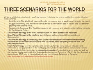 We are at a historical critical point – a defining moment - in building the kind of world to live, with the following
three scenarios.
I.Lost Decade. The World will have suffered a permanent loss in wealth and capacity for growth
II.Sluggish Recovery. The World will have suffered a permanent loss in wealth and start slowly
growing from the old basis.
III.Sustainable Recovery. The World is making a full recovery and raise its potential and capacity for
Sustainable Future
Smart World Strategy is the most viable solution for a Full Sustainable Recovery
I.Smart World Strategy is the platform for Intelligent Nations, Smart Cities and Green
Communities
II.Smart World Strategy is advancing both poor nation states and world economies
making obsolete the old world division into the core countries, semi-periphery
countries and the periphery countries
III.Smart World Strategy sees the capitalist world-economy, suffering a heavy crisis, as exhausted and
detrimental to a large proportion of the world's population, to be transformed into a smart world-economy
IV.The Sustainable Future requires a complete renovation of the existing world order, as well as
the existing infrastructures in the developed countries, as Europe or USA, in the fast developing
countries as BRIC, and in the underdeveloped countries as Tajikistan or Rwanda.
V.Smart World Strategy: http://www.slideshare.net/ashabook/smartworl-dabr
I-WORLD A. Abdoullaev 2013-2015-
2017 All Rights Reserved
 