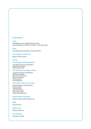 Ficha Técnica

Título:
REFERENCIAL DE COMPETÊNCIAS-CHAVE
para a Educação e Formação de Adultos – Nível Secundário

Editor:
Direcção-Geral de Formação Vocacional (DGFV)

Coordenação da versão final:
Maria do Carmo Gomes

Autores:
Área Cidadania e Profissionalidade
José Manuel Pureza (Coordenador)
Isabel Ferreira Martins
Olga Marques Filipe
Área Sociedade, Tecnologia e Ciência
Jorge Dias de Deus (Coordenador)
Ilda Maurício Rafael
Maria do Carmo Gomes
Marina Pinto Basto
Pedro Abrantes
Pedro Brogueira
Área Cultura, Língua, Comunicação
Deolinda Monteiro (Coordenadora)
António Soares
Cláudia Gomes
João Paulo Videira
Maria José Grosso
Teresa Duarte Martinho

Design Gráfico e Paginação:
Bluetwo, Design & Comunicação, Lda.

ISBN:
972-8743-22-X

ISBN (13 dig):
978-972-8743-22-2

Data de Edição:
Novembro de 2006
 
