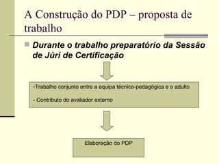 A Construção do PDP – proposta de trabalho  Durante o trabalho preparatório da Sessão de Júri de Certificação Trabalho conjunto entre a equipa técnico-pedagógica e o adulto - Contributo do avaliador externo Elaboração do PDP 