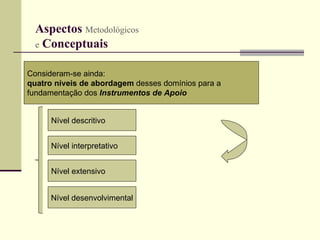 Aspectos  Metodológicos   e  Conceptuais   Consideram-se ainda:  quatro níveis de abordagem  desses domínios para a  fundamentação dos  Instrumentos de Apoio   Nível descritivo  Nível interpretativo Nível extensivo Nível desenvolvimental 