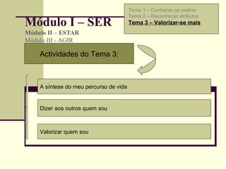 Módulo I – SER Módulo II – ESTAR  Módulo III - AGIR  Tema 1 – Conhecer-se melhor Tema 2 – Reconhecer atributos Tema 3 – Valorizar-se mais Actividades do Tema 3: A síntese do meu percurso de vida Dizer aos outros quem sou Valorizar quem sou 