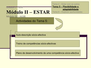 Módulo I – SER Módulo II – ESTAR  Módulo III - AGIR  Actividades do Tema 5: Auto-descrição sócio-afectiva Treino de competências sócio-afectivas Plano de desenvolvimento de uma competência sócio-afectiva Tema 4 – Estar com os outros Tema 5 – Flexibilidade e  adaptabilidade Tema 6 – Explorar oportunidades 