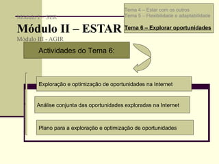 Módulo I – SER Módulo II – ESTAR  Módulo III - AGIR  Tema 4 – Estar com os outros Tema 5 – Flexibilidade e adaptabilidade  Tema 6 – Explorar oportunidades Actividades do Tema 6: Exploração e optimização de oportunidades na Internet Análise conjunta das oportunidades exploradas na Internet Plano para a exploração e optimização de oportunidades 