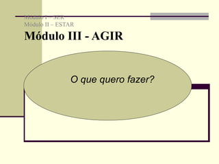 Módulo I – SER Módulo II – ESTAR  Módulo III - AGIR  O que quero fazer? 