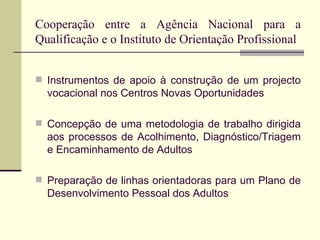 Cooperação entre a Agência Nacional para a Qualificação e o Instituto de Orientação Profissional Instrumentos de apoio à construção de um projecto vocacional nos Centros Novas Oportunidades Concepção de uma metodologia de trabalho dirigida aos processos de Acolhimento, Diagnóstico/Triagem e Encaminhamento de Adultos Preparação de linhas orientadoras para um Plano de Desenvolvimento Pessoal dos Adultos 