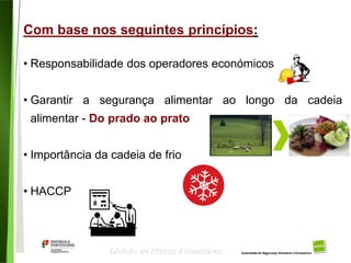 32
Divisão de Riscos Alimentares
Com base nos seguintes princípios:
• Responsabilidade dos operadores económicos
• Garantir a segurança alimentar ao longo da cadeia
alimentar - Do prado ao prato
• Importância da cadeia de frio
• HACCP
 