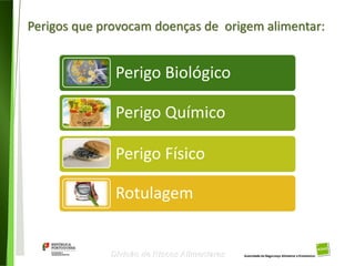8
Divisão de Riscos Alimentares
Perigo Biológico
Perigo Químico
Perigo Físico
Rotulagem
Perigos que provocam doenças de origem alimentar:
 