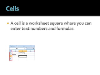 CellsA cell is a worksheet square whereyou can entertextnumbers and formulas.