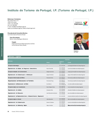 34 Anuário 2018 da Economia
Instituto do Turismo de Portugal, I.P. (Turismo de Portugal, I.P.)
Endereço / Contactos
Rua Ivone Silva, Lt 6
1050-124 Lisboa
Telef.: 211 140 200
Fax: 211 140 830
E-mail: info@turismodeportugal.pt
www.turismodeportugal.pt / www.visitportugal.com
Presidente do Conselho Diretivo
Luís Inácio Garcia Pestana Araújo
Vice-Presidente
Maria Teresa Rodrigues Monteiro
Vogais
Filipe Christensen Roed Gonçalves da Silva
Carlos Manuel Sales Abade
Presidente
Luís Araújo
Estrutura orgânica
Serviços
Nome
Telefone
Fax
Titulares
E-mail
Direção de Estratégia — 211 140 200 estrategia2027@turismodeportugal.pt
Departam ento de Gestão de Program as Comunitários Nuno Fazenda
211 140 565
211 140 965
nuno.fazenda@turismodeportugal.pt
Direção de Gestão do Conhecimento Sérgio Guerreiro
211 140 567
211 140 967
sergio.guerreiro@turismodeportugal.pt
Departam ento de Comunicação e Informação Jorge Ambrósio
211 140 510
211 140 910
jorge.ambrosio@turismodeportugal.pt
Direção de Valorização da Oferta Fernanda Vara
211 140 211
211 140 831
fernanda.vara@turismodeportugal.pt
Departamento de Ordenamento do Território Fernanda Praça
211 140 217
211 140 832
fernanda.praca@turismodeportugal.pt
Departamento de Estruturação da Oferta Ana Blanco
211 140 244
ana.blanco@turismodeportugal.pt
211 140 831/2
Direção de Apoio ao Investimento Nuno Miguel Alves
211 140 374
211 140 774
nuno.alves@turismodeportugal.pt
Departam ento de Análise Elisabete Félix
211 140 387
211 140 787
elisabete.felix@turismodeportugal.pt
Departam ento de Execução José Riscado dos Santos
211 140 354
211 140 828
jose.riscado@turismodeportugal.pt
Departamento de Empreendedorismo e Desenvolvimento Empresarial — 211 140 200 empreendedorismo@turismodeportugal.pt
Direção de Apoio à Venda Lídia Monteiro
211 140 292
211 140 692
lidia.monteiro@turismodeportugal.pt
Departam ento de Comunicação Susana Cardoso
211 140 297
211 140 697
susana.cardoso@turismodeportugal.pt
Departam ento de Marketing Digital Filipa Cardoso
211 140 218
211 140 618
filipa.cardoso@turismodeportugal.pt
AdministraçãoIndiretadoEstado
 