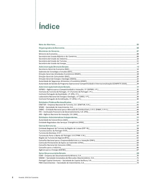 2 Anuário 2018 da Economia
Índice
Nota de Abertura 03
Organograma da Economia 04
Membros do Governo 07
Ministro da Economia 08
Secretário de Estado Adjunto e do Comércio 09
Secretária de Estado da Indústria 10
Secretária de Estado do Turismo 11
Secretário de Estado da Energia 12
AdministraçãoDiretadoEstado 13
Secretaria-Geral da Economia (SGE) 14
Gabinete de Estratégia e Estudos (GEE) 16
Direção-Geral das Atividades Económicas (DGAE) 18
Direção-Geral do Consumidor (DGC) 20
Direção-Geral de Energia e Geologia (DGEG) 22
Autoridade de Segurança Alimentar e Económica (ASAE) 26
Autoridade de Gestão do Programa Operacional Competitividade eInternacionalização (COMPETE 2020) 29
AdministraçãoIndiretadoEstado 31
IAPMEI – Agência para a Competitividade e Inovação, I.P. (IAPMEI, I.P.) 32
Instituto do Turismo de Portugal, I.P. (Turismo de Portugal, I.P.) 34
Instituto Português da Qualidade, I.P. (IPQ, I.P.) 37
Laboratório Nacional de Energia e Geologia, I.P. (LNEG, I.P.) 39
Instituto Português de Acreditação, I.P. (IPAC, I.P.) 40
Entidades PúblicasReclassificadas 41
ENATUR – Empresa Nacional de Turismo, S.A. (ENATUR, S.A.) 42
SPGM – Sociedade de Investimento, S.A. 43
ENMC – Entidade Nacional para o Mercado de Combustíveis, E.P.E. (ENMC, E.P.E.) 44
IFD – Instituição Financeira de Desenvolvimento, S.A. (IFD) 46
ANI – Agência Nacional de Inovação, S.A. (ANI) 48
Entidades Administrativas Independentes 51
Autoridade da Concorrência (AdC) 52
Entidade Reguladora dos Serviços Energéticos (ERSE) 54
Outras Estruturas 57
Entidade Regional de Turismo da Região de Lisboa (ERT-RL) 58
Turismo Centro de Portugal (TCP) 59
Turismo do Alentejo, E.R.T. 60
Turismo do Porto e Norte de Portugal, E.R. (TPNP, E.R.) 61
Região de Turismo do Algarve (RTA) 62
Conselho Nacional para o Empreendedorismo e a Inovação (CNEI) 63
Comissão Permanente de Apoio ao Investidor (CPAI) 64
Conselho Nacional do Consumo (CNC) 65
Conselho para a Indústria 66
Agência para a Energia (ADENE) 67
Setor EmpresarialdoEstado 69
EDM – Empresa de Desenvolvimento Mineiro, S.A. 70
SIMAB – Sociedade Instaladora de Mercados Abastecedores, S.A. 71
Portugal Capital Ventures – Sociedade de Capital de Risco, S.A. 72
PME Investimentos – Sociedade de Investimento, S.A. 73
 