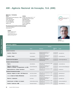 48 Anuário 2018 da Economia
ANI - Agência Nacional de Inovação, S.A. (ANI)
Endereço / Contactos
Porto
Edifício NET,Rua de Salazares, n.º 842
4149-002 Porto
Telef.: 226 167 820
Fax: 226 185 406
E-mail: info@ani.pt
www.ani.pt
Lisboa
Campus do Lumiar, Ed. 0 - 1.º
Estrada do Paço do Lumiar
1649-038 Lisboa
Telef.: 214 232 100
Fax: 214 232 101
E-mail: info@ani.pt
www.ani.pt
Presidente do Conselhode Administração
José Carlos Caldeira
jcaldeira@ani.pt
Vogais
Nuno Cardoso Lúcio
nuno.lucio@ani.pt
Isabel Santos Caetano
isabel.caetano@ani.pt
Presidente
José Carlos Caldeira
Serviços
Nome
Titulares
Endereço Telefone
Fax
E-mail
Gestão de Incentivos
Incentivos Financeiros Rosalina Soares
Campus do Lumiar, Ed. 0 - 1.º
Estrada do Paço do Lumiar
1649-038 Lisboa
214 232 100
214 232 101
rsoares@ani.pt
Incentivos Fiscais Paulo Madeira
Campus do Lumiar, Ed. 0 - 1.º
Estrada do Paço do Lumiar
1649-038 Lisboa
214 232 100
214 232 101
pmadeira@ani.pt
Infraestruturas Tecnológicas Ricardo Miguéis
Campus do Lumiar, Ed. 0 - 1.º
Estrada do Paço do Lumiar
1649-038 Lisboa
214 232 100
214 232 101
ricardo.migueis@ani.pt
Projetos e Internacionalização
Projetos Sónia Meireles
Edifício NET, Rua de Salazares, n.º 842
4149-002 Porto
214 232 100
226 185 406
smeireles@ani.pt
Program as Internacionais
(Gabinete de Promoção do Programa-Quadro de I&DT)
Eduardo Maldonado
Campus do Lumiar, Ed. 0 - 1.º
Estrada do Paço do Lumiar
1649-038 Lisboa
214 232 100
214 232 101
eduardo.maldonado@gppq.pt
Empreendedoris m o de Base Tecnológica Katiuska Cruz
Edifício NET, Rua de Salazares, n.º 842
4149-002 Porto
214 232 100
226 185 406
kcruz@ani.pt
Políticas e Promoção da Inovação
Promoção Integrada do Apoio à I&D Empresarial José Carlos Caldeira
Edifício NET, Rua de Salazares, n.º 842
4149-002 Porto
214 232 100
226 185 406
jcaldeira@ani.pt
Advisory e Apoio às Tutelas Ministeriais José Carlos Caldeira
Edifício NET, Rua de Salazares, n.º 842
4149-002 Porto
214 232 100
226 185 406
jcaldeira@ani.pt
Parcerias e Cooperação Ana Ponte
Campus do Lumiar, Ed. 0 - 1.º
Estrada do Paço do Lumiar
1649-038 Lisboa
214 232 100
214 232 101
aponte@ani.pt
Caracterização do Sistem a de Inovação António Bob dos Santos
Edifício NET, Rua de Salazares, n.º 842
4149-002 Porto
214 232 100
226 185 406
antonio.santos@ani.pt
Conselho Coordenador ENEI Alexandre Almeida
Edifício NET, Rua de Salazares, n.º 842
4149-002 Porto
214 232 100
226 185 406
afalmeida@ani.pt
Estrutura orgânica
EntidadesPúblicasReclassificadas
 
