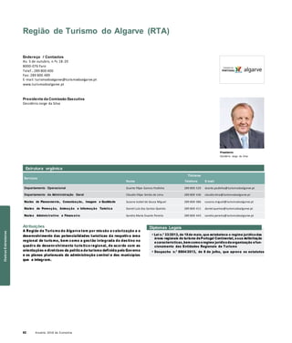 62 Anuário 2018 da Economia
Região de Turismo do Algarve (RTA)
Endereço / Contactos
Av. 5 de outubro, n.ºs 18-20
8000-076 Faro
Telef.: 289 800 400
Fax: 289 800 489
E-mail: turismodoalgarve@turismodoalgarve.pt
www.turismodoalgarve.pt
Presidente da Comissão Executiva
Desidério Jorge da Silva
Presidente
Desidério Jorge da Silva
Serviços
Nome
Titulares
Telefone E-mail
Departamento Operacional Duarte Filipe Gomes Padinha 289 800 529 duarte.padinha@turismodoalgarve.pt
Departamento de Administração Geral Cláudio Filipe Simão de Lima 289 800 436 claudio.lima@turismodoalgarve.pt
Núcleo de Planeamento, Comunicação, Imagem e Qualidade Susana Isabel de Sousa Miguel 289 800 486 susana.miguel@turismodoalgarve.pt
Núcleo de Promoção, Animação e Informação Turística Daniel Luís dos Santos Queirós 289 800 411 daniel.queiros@turismodoalgarve.pt
Núcleo Adminis trativo e Financeiro Sandra Maria Duarte Pereira 289 800 443 sandra.pereira@turismodoalgarve.pt
Atribuições
A Região de Turismo do Algarve tem por missão a valorização e o
desenvolvimento das potencialidades turísticas da respetiva área
regional de turismo, bem como a gestão integrada do destino no
quadro do desenvolvimento turístico regional, de acordo com as
orientações e diretrizes da política de turismo definida pelo Governo
e os planos plurianuais da administração central e dos municípios
que a integram.
Diplomas Legais
» Lei n.º 33/2013, de 16de maio, que estabelece o regime jurídico das
áreas regionais de turismo dePortugal Continental, asua delimitação
ecaracterísticas,bem comooregime jurídico daorganização efun-
cionamento das Entidades Regionais de Turismo
» Despacho n.º 8864/2013, de 8 de julho, que aprova os estatutos
Estrutura orgânica
OutrasEstruturas
 
