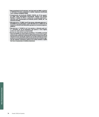 74 Anuário 2018 da Economia
» Recomendação da Comissão, de 6 de maio de 2003, relativa
à definição de micro, pequenas e médias empresas [notificada
com o número C(2003)1422]
» Comunicação da Comissão (2006/C 194/02), de 18 de agosto
de 2006, sobre “Orientações Comunitárias relativas aos Auxílios
Estatais e Capital de Risco a pequenas e médias empresas”,
alterada pela Comunicação da Comissão (2010/C 329/05), de 7 de
dezembro de2010
» Decreto-Lei n.º 71/2007, de 27de março, alterado pelaLei n.º
64-A/2008, de 31 de dezembro, e pelos Decretos-Lei n.ºs 8/2012, de 18
dejaneiro,e39/2016,de 28de julho,queaprova o estatuto dogestor
público
» Decreto-Lei n.º 133/2013, de 3 de outubro, e alterado pela Lei
n.º 75-A/2014, de 30 de Setembro, que aprova o novo regime
jurídico do setor público empresarial
» Decisão do órgão de Fiscalização da EFTA n.º 117/14/COL, de 12 de
março de 2014, que altera pela nonagésima quarta vezas regras
processuais emateriais nodomínio dos auxílios estatais através da
adoção de novas orientações relativas aos auxílios estatais quevisam
promoveros investimentos definanciamento derisco edaprorroga-
ção das vigentes orientações relativas aos auxílios estatais e capital
de risco a pequenas e médias empresas
SetorEmpresarialdoEstado
 