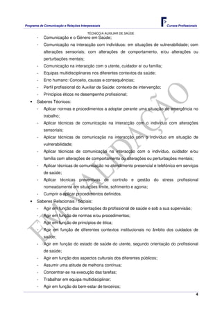 Programa de Comunicação e Relações Interpessoais Cursos Profissionais 
TÉCNICO/A AUXILIAR DE SAÚDE 
- Comunicação e o Género em Saúde; 
- Comunicação na interacção com indivíduos: em situações de vulnerabilidade; com 
alterações sensoriais; com alterações de comportamento, e/ou alterações ou 
perturbações mentais; 
4 
- Comunicação na interacção com o utente, cuidador e/ ou família; 
- Equipas multidisciplinares nos diferentes contextos da saúde; 
- Erro humano: Conceito, causas e consequências; 
- Perfil profissional do Auxiliar de Saúde: contexto de intervenção; 
- Princípios éticos no desempenho profissional; 
• Saberes Técnicos: 
- Aplicar normas e procedimentos a adoptar perante uma situação de emergência no 
trabalho; 
- Aplicar técnicas de comunicação na interacção com o indivíduo com alterações 
sensoriais; 
- Aplicar técnicas de comunicação na interacção com o indivíduo em situação de 
vulnerabilidade; 
- Aplicar técnicas de comunicação na interacção com o indivíduo, cuidador e/ou 
família com alterações de comportamento ou alterações ou perturbações mentais; 
- Aplicar técnicas de comunicação no atendimento presencial e telefónico em serviços 
de saúde; 
- Aplicar técnicas preventivas de controlo e gestão do stress profissional 
nomeadamente em situações limite, sofrimento e agonia; 
- Cumprir e aplicar procedimentos definidos. 
• Saberes Relacionais / Sociais: 
- Agir em função das orientações do profissional de saúde e sob a sua supervisão; 
- Agir em função de normas e/ou procedimentos; 
- Agir em função de princípios de ética; 
- Agir em função de diferentes contextos institucionais no âmbito dos cuidados de 
saúde; 
- Agir em função do estado de saúde do utente, segundo orientação do profissional 
de saúde; 
- Agir em função dos aspectos culturais dos diferentes públicos; 
- Assumir uma atitude de melhoria contínua; 
- Concentrar-se na execução das tarefas; 
- Trabalhar em equipa multidisciplinar; 
- Agir em função do bem-estar de terceiros; 
 