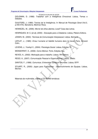 Programa de Comunicação e Relações Interpessoais Cursos Profissionais 
TÉCNICO/A AUXILIAR DE SAÚDE 
GOLEMAN, D. (1998): Trabalhar com a Inteligência Emocional. Lisboa, Temas e 
Debates. 
GUILFORD, J. (1980): Teorias de la Inteligência. In Manual de Psicologia Geral (Vol.3, 
p.440-470). Barcelona, Martinez Roca. 
HENNEZEL, M., (2006): Morrer de olhos abertos, Local? Casa das Letras. 
HENRIQUES, M. C. [et al], (2000) : Educação para a Cidadania. Lisboa, Plátano Editora. 
JOISEN, M., (2003): Técnicas de Comunicação Interpessoal. Lisboa, Bertrand. 
LEPLAT, J., (1985): Erreur humaine et fiabilité humaine dans le travail, Paris, Armand 
Colin,. 
LEVENS, J., Yzerbyt V., (2004): Psicologia Social. Lisboa, Edições 70. 
MONSERRAT, X., (2006): Como Motivar. Porto, Edições Asa. 
NEVES, A., (2002): Motivação para o trabalho. Lisboa, RH Editora. 
REGO, A., (2007): Comunicação Pessoal e Organizacional. Lisboa, Sílabo. 
SANTOS, F., (1998): Comunicar, Entrevistar, Conduzir Reuniões. Lisboa, IEFP. 
STUART, R., (2000): Jogos para Formadores - Desenvolvimento de Equipas. Lisboa, 
Monitor. 
7 
Materiais de multimédia, videos e CD-ROMS temáticos 
 