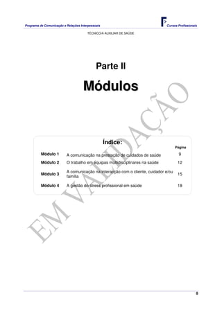 Programa de Comunicação e Relações Interpessoais Cursos Profissionais 
TÉCNICO/A AUXILIAR DE SAÚDE 
8 
Parte II 
Módulos 
Índice: 
Página 
Módulo 1 A comunicação na prestação de cuidados de saúde 9 
Módulo 2 O trabalho em equipas multidisciplinares na saúde 12 
Módulo 3 A comunicação na interacção com o cliente, cuidador e/ou 
família 15 
Módulo 4 A gestão do stress profissional em saúde 18 
 