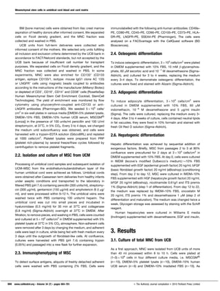BM (bone marrow) cells were obtained from iliac crest marrow
aspiration of healthy donors after informed consent. We separated
cells on Ficoll density gradient, and the MNC fraction was
collected and washed in PBS.
UCB units from full-term deliveries were collected with
informed consent of the mothers. We selected only units fulfilling
all inclusion and exclusion criteria determined by the UCB bank in
accordance to FACT/Netcord standards, but not accepted by the
UCB bank because of insufficient cell number for transplant
purposes. We separated cells on Ficoll density gradient, and the
MNC fraction was collected and washed in PBS. In some
experiments, MNC were also enriched for CD133+
(CD133
antigen, epitope CD133/1, isotype: mouse IgG1 clone AC 133)
or LNGFR+
cells using magnetic beads coupled to antibodies
according to the instructions of the manufacturer (Miltenyi Biotec)
or depleted of CD3+
, CD19+
, CD14+
and CD38+
cells (RosetteSep
Human Mesenchymal Stem Cell Enrichment Cocktail, StemCell
Technologies). The yield of enrichment was monitored by flow
cytometry using phycoerythrin-coupled anti-CD133 or anti-
LNGFR antibodies (Pharmingen-BD). We seeded 56105
cells/
cm2
in six-well plates in various media [DMEM+5% platelet lysate,
DMEM+10% FBS, DMEM+10% human UCB serum, MSCGMj
(Lonza)] in the presence of 100 units/ml penicillin and 100 U/ml
streptomycin, at 37˚C, in 5% CO2. Every 3 to 4 days, we changed
the medium until subconfluency was obtained, and cells were
harvested with a trypsin–EDTA solution (GibcoBRL) and replated
at 1000 cells/cm2
. Platelet lysates were prepared from PRP
(platelet rich-plasma) by several freeze/thaw cycles followed by
centrifugation to remove platelet fragments.
2.2. Isolation and culture of MSC from UCM
Processing of umbilical cord samples and subsequent isolation of
UCM–MSC from the endothelium/subendothelium layer of the
human umbilical cord were achieved as follows. Umbilical cords
were obtained after Caesarean term deliveries from healthy infants
under aseptic conditions and transported to the laboratory in
filtered PBS (pH 7.4) containing penicillin (300 units/ml), streptomy-
cin (300 mg/ml), gentamicin (150 mg/ml) and amphotericin B (l mg/
ml), and were processed within 6–12 h. The umbilical veins were
washed twice with PBS containing 100 units/ml heparin. The
umbilical cord was cut into small pieces and incubated in
hyaluronidase (0.5 mg/ml) for 30 min at 37˚C and collagenase
(0.8 mg/ml) (Sigma–Aldrich) overnight at 37˚C in DMEM. After
filtration, to remove pieces, and washing in PBS, cells were counted
and cultured at 56105
cells/cm2
in DMEM supplemented with 5%
platelet lysate at 37˚C in 5% CO2 atmosphere. Non-adherent cells
were removed after 3 days by changing the medium, and adherent
cells were kept in culture, while being fed with fresh medium every
3 days until the outgrowth of fibroblast-like cells. At confluence,
cultures were harvested with PBS (pH 7.4) containing trypsin
(0.05%) and passaged into a new flask for further expansion.
2.3. Immunophenotyping of MSC
To detect surface antigens, aliquots of freshly detached adherent
cells were washed with PBS containing 2% FBS. Cells were
immunolabelled with the following anti-human antibodies: CD49a–
PE, CD80–PE, CD45–PE, CD90–PE, CD105–PE, CD73–PE, HLA–
DR–PE, LNGFR–PE, SSEA4–PE (Pharmingen). The cells were
analysed on a FACSvantage with the CellQuest software (BD
Biosciences).
2.4. Osteogenic differentiation
To induce osteogenic differentiation, 36103
cells/cm2
were plated
in DMEM supplemented with 10% FBS, 10 mM b-glycerophos-
phate, 60 mM ascorbic acid and 1027
M dexamethasone (Sigma–
Aldrich), and cultured for 3 to 4 weeks, replacing the medium
every 3–4 days. To demonstrate osteogenic differentiation, the
cultures were fixed and stained with Alizarin (Sigma–Aldrich).
2.5. Adipogenic differentiation
To induce adipocyte differentiation, 36103
cells/cm2
were
cultured in DMEM supplemented with 10% FBS, 60 mM
indomethacin, 1026
M dexamethasone and 5 mg/ml insulin
(Sigma). The cells were cultured, replacing the medium every 3–
4 days. After 3 to 4 weeks of culture, cells contained neutral lipids
in fat vacuoles; they were fixed in 10% formalin and stained with
fresh Oil Red O solution (Sigma–Aldrich).
2.6. Hepatogenic differentiation
Hepatic differentiation was achieved by sequential addition of
exogenous factors. Briefly, MSC from passages 2 to 3 at 80%
confluence were precultured for 2 days at 36103
cells/cm2
in
DMEM supplemented with 10% FBS. At day 0, cells were cultured
in IMDM (Iscove’s modified Dulbecco’s medium).+10% FBS
supplemented with EGF (epidermal growth factor) 20 ng/ml, bFGF
(basic fibroblast growth factor) 20 ng/ml (eBioshop) (conditioning
step). From day 2 to day 12, MSC were cultured in IMDM+10%
FBS supplemented with HGF (hepatocyte growth factor) 20 ng/ml,
bFGF 20 ng/ml (eBioshop), nicotinamide 0.61g/l and ITS premix
1% (Sigma–Aldrich) (step 1 of differentiation). From day 12 to 22,
the medium was replaced by IMDM+10% FBS, oncostatin M
20 ng/ml, ITS premix 1% and dexamethasone 1 mM (step 2 of
differentiation and maturation). The medium was changed twice a
week. Glycogen storage was assessed by staining with the Schiff
reagent.
Human hepatocytes were cultured in Williams E media
(Invitrogen) supplemented with dexamethasone, EGF and insulin.
3. Results
3.1. Culture of total MNC from UCB
As a first approach, MNC were isolated from UCB units of more
than 40 ml processed within 8 to 10 h. Cells were plated at
(1–3)6108
cells in four different culture media, i.e. MSCGMj
(n510), DMEM+5% platelet lysate (n510), DMEM+10% human
UCB serum (n56) and DMEM+10% irradiated FBS (n510). As
Mesenchymal stem cells in umbilical cord blood and cord matrix
694 www.cellbiolint.org N Volume 34 (7) N pages 693–701 E The Author(s) Journal compilation E 2010 Portland Press Limited
 