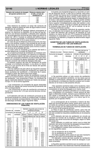 NORMAS LEGALES
R
EPUBLICA DEL PER
U
321162
El Peruano
domingo 11 de junio de 2006
Diámetro del conducto de desagüe Distancia máxima entre
del aparato sanitario( mm) el sello y el tubo de
ventilación( m)
40 (1 ½) 1,10
50 (2) 1,50
75 (3) 1,80
100 (4) 3,00
Esta distancia se medirá a lo largo del conducto de
desagüe, desde la salida del sello de agua hasta la entra-
da del tubo de ventilación.
f) Toda montante de desagüe deberá prolongarse al
exterior, sin disminuir su diámetro. En el caso de que ter-
mine en una terraza accesible o utilizada para cualquier
fin, se prolongará por encima del piso hasta una altura no
menor de 1,80 m. Cuando la cubierta del edificio sea un
techo o terraza inaccesible, la montante será prolongada
por encima de éste, 0,15 m como mínimo.
En caso de que la distancia entre la boca de una mon-
tante y una ventana, puerta u otra entrada de aire al edifi-
cio sea menor de 3 m horizontalmente, el extremo supe-
rior de la montante deberá quedar como mínimo a 0,60 m,
por encima de la entrada del aire.
La unión entre la montante y la cubierta del techo o
terraza deberá ser a prueba de filtraciones.
g) La tubería principal de ventilación se instalará verti-
cal, sin quiebres en lo posible y sin disminuir su diámetro.
h) El extremo inferior del tubo principal de ventilación
deberá ser conectado mediante un tubo auxiliar de venti-
lación a la montante de aguas residuales, por debajo del
nivel de conexión del ramal de desagüe más bajo.
El extremo superior del tubo de ventilación se podrá
conectar a la montante principal, a una altura no menor
de 0,15 m por encima de la línea de rebose del aparato
sanitario más alto.
i) En los edificios de gran altura se requerirá conectar
la montante al tubo principal de ventilación por medio de
tubos auxiliares de ventilación, a intervalos de 5 pisos,
contados a partir del último piso hacia abajo.
j) El diámetro del tubo auxiliar de ventilación a que se
refiere el numeral anterior, será igual al del tubo principal
de ventilación. Las conexiones a éste y la montante de
aguas residuales deberán hacerse por medio de acceso-
rio tipo «Y» en la forma siguiente:
- Las conexiones a la montante de aguas residuales
se harán por debajo del ramal horizontal proveniente del
piso correspondiente.
- Las conexiones al tubo de ventilación principal se
harán a no menos de 1,0 m por encima del piso corres-
pondiente.
k) El diámetro del tubo de ventilación principal se de-
terminará tomando en cuenta su longitud total, el diáme-
tro de la montante correspondiente y el total de unidades
de descarga ventilada, según siguiente Tabla.
DIMENSIONES DE LOS TUBOS DE VENTILACIÓN
PRINCIPAL
Diámetro requerido para el tubo de
Diámetro de Unidades ventilación principal
la montante, de descarga 2 3 4 6
(mm) ventiladas 50(mm) 75(mm) 100(mm) 150(mm)
Longitud Máxima del Tubo en metros
50 (2) 12 60,0 - - -
50 (2) 20 45,0 - - -
65 (2½) 10 - - - -
75 (3) 10 30,0 180,0 - -
75 (3) 30 18,0 150,0 - -
75 (3) 60 15,0 120,0 - -
100 (4) 100 11,0 78,0 300,0 -
100 (4) 200 9,0 75,0 270,0 -
100 (4) 500 6,0 54,0 210,0 -
203 ( 8 ) 600 - - 15,0 150,0
203 ( 8 ) 1400 - - 12,0 120,0
203 ( 8 ) 2200 - - 9,0 105,0
203 ( 8 ) 3600 - - 8,0 75,0
203 ( 8 ) 3600 - - 8,0 75,0
254 (10) 1000 - - - 38,0
254 (10) 2500 - - - 30,0
254 (10) 3800 - - - 24,0
254 (10) 5600 - - - 18,0
l) Cuando una montante tenga en su recorrido un cam-
bio de dirección de 45° o más con la vertical, será nece-
sario ventilar los tramos de la montante que queden por
encima y por debajo de dicho cambio. Estos tramos po-
drán ventilarse separadamente según lo especificado en
el inciso i) del presente artículo, o bien se podrá ventilar
por medio de tubos auxiliares de ventilación, uno para el
tramo superior inmediatamente antes del cambio y otro
para el tramo inferior. Cuando el cambio de dirección de
la montante sea menor de 45° con la vertical, no se re-
querirá la ventilación auxiliar.
m) Para la ventilación individual de aparatos sanita-
rios, el diámetro de la tubería de ventilación será igual a
la mitad del diámetro del conducto de desagüe al cual
ventila y no menor de 50 mm (2) Cuando la ventilación
individual va conectada a un ramal horizontal común de
ventilación, su diámetro y longitud se determinarán según
siguiente Tabla.
DIÁMETRO DE LOS TUBOS DE VENTILACIÓN EN
CIRCUITO Y DE LOS RAMALES
TERMINALES DE TUBOS DE VENTILACIÓN.
Diámetro del tubo de
Diámetro de ramal Número máximo ventilación
horizontal de desagüe unidades de 50 mm 75 mm 100 mm
(mm) descarga 2 3 4
Máxima longitud del tubo
de ventilación (m)
50 (2) 12 12,0 - -
50 (2) 20 9,0 - -
75 (3) 10 6,0 30,0 -
75 (3) 30 - 30,0 -
75 (3) 60 - 24,0 -
100 (4) 100 2,1 15,0 60,0
100 (4) 200 1,8 15,0 54,0
100 (4) 500 - 10,8 42,0
n) Se permitirá utilizar un tubo común de ventilación
para servir dos aparatos sanitarios, en los casos que se
señalan a continuación, siempre que el diámetro del tubo
de ventilación y la distancia máxima cumplan con lo esta-
blecido en el inciso e) del presente artículo.
- Dos aparatos sanitarios tales como lavatorios, lava-
deros de cocina o de ropa instaladas en el mismo piso y
conectados al ramal de desagüe a un mismo nivel.
- Dos aparatos sanitarios ubicados en el mismo piso,
pero conectados a la montante o ramal vertical de des-
agüe a diferentes niveles, siempre que el diámetro de di-
cho ramal o montante sea de un tamaño mayor que el
requerido por el aparato superior y no menor que el re-
querido por el aparato inferior.
o) La prolongación de la montante o tubería de des-
agüe por encima del último ramal, podrá servir como úni-
co medio de ventilación para lavatorios y lavaderos siem-
pre que cumpla con las distancias máximas establecidas
en el inciso e) del presente artículo.
p) Para el caso de ventilación común, para mas de
dos aparatos podrá usarse la ventilación en circuito, siem-
pre que cumpla los requisitos establecidos en el presente
artículo.
q) El diámetro del tubo de ventilación en circuito se
calculará en función de su longitud y sobre la base del
diámetro del ramal horizontal de desagüe, según la Tabla
del inciso m).
Dicho diámetro no podrá ser menor que la mitad del
diámetro del ramal horizontal de desagüe correspondien-
te y en ningún caso menor de 50 mm ( 2).
r) Es obligatorio instalar tubos auxiliares de ventilación
en los siguientes casos:
- En la ventilación de la montante.
- En la ventilación en circuito.
- En todos aquellos otros casos en que sea necesario
asegurar eln buen funcionamiento del sistema.
- El diámetro mínimo del tubo auxiliar de ventilación
será la mitad del diámetro del ramal de desagüe a que
está conectado.
s) Aquellos aparatos sanitarios que no pueden ser ven-
tilados de acuerdo a las distancias máximas establecidos
Difundido por: ICG - Instituto de la Construcción y Gerencia
www.construccion.org / icg@icgmail.org / Telefax : 421 - 7896
PDF Page Organizer - Foxit Software
 