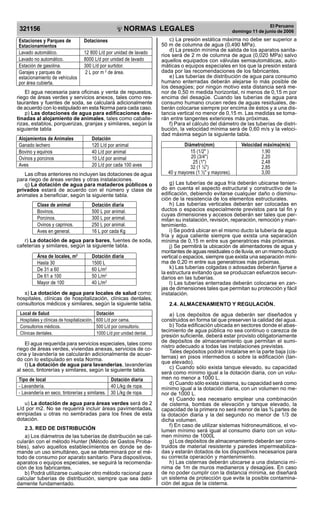 NORMAS LEGALES
R
EPUBLICA DEL PER
U
321156
El Peruano
domingo 11 de junio de 2006
Estaciones y Parques de Dotaciones
Estacionamientos
Lavado automático. 12 800 L/d por unidad de lavado
Lavado no automático. 8000 L/d por unidad de lavado
Estación de gasolina. 300 L/d por surtidor.
Garajes y parques de 2 L por m 2
de área.
estacionamiento de vehículos
por área cubierta.
El agua necesaria para oficinas y venta de repuestos,
riego de áreas verdes y servicios anexos, tales como res-
taurantes y fuentes de soda, se calculará adicionalmente
de acuerdo con lo estipulado en esta Norma para cada caso.
p) Las dotaciones de agua para edificaciones des-
tinadas al alojamiento de animales, tales como caballe-
rizas, establos, porquerizas, granjas y similares, según la
siguiente tabla
Alojamientos de Animales Dotación
Ganado lechero 120 L/d por animal
Bovino y equinos 40 L/d por animal
Ovinos y porcinos 10 L/d por animal
Aves 20 L/d por cada 100 aves
Las cifras anteriores no incluyen las dotaciones de agua
para riego de áreas verdes y otras instalaciones.
q) La dotación de agua para mataderos públicos o
privados estará de acuerdo con el número y clase de
animales a beneficiar, según la siguiente tabla.
Clase de animal Dotación diaria
Bovinos. 500 L por animal.
Porcinos. 300 L por animal.
Ovinos y caprinos. 250 L por animal.
Aves en general. 16 L por cada Kg
r) La dotación de agua para bares, fuentes de soda,
cafeterías y similares, según la siguiente tabla.
Área de locales, m2
Dotación diaria
Hasta 30 1500 L
De 31 a 60 60 L/m2
De 61 a 100 50 L/m2
Mayor de 100 40 L/m2
s) La dotación de agua para locales de salud como:
hospitales, clínicas de hospitalización, clínicas dentales,
consultorios médicos y similares, según la siguiente tabla.
Local de Salud Dotación
Hospitales y clínicas de hospitalización. 600 L/d por cama.
Consultorios médicos. 500 L/d por consultorio.
Clínicas dentales. 1000 L/d por unidad dental.
El agua requerida para servicios especiales, tales como
riego de áreas verdes, viviendas anexas, servicios de co-
cina y lavandería se calcularán adicionalmente de acuer-
do con lo estipulado en esta Norma.
t) La dotación de agua para lavanderías, lavanderías
al seco, tintorerías y similares, según la siguiente tabla.
Tipo de local Dotación diaria
- Lavandería. 40 L/kg de ropa.
- Lavandería en seco, tintorerías y similares. 30 L/kg de ropa.
u) La dotación de agua para áreas verdes será de 2
L/d por m2. No se requerirá incluir áreas pavimentadas,
enripiadas u otras no sembradas para los fines de esta
dotación.
2.3. RED DE DISTRIBUCIÓN
a) Los diámetros de las tuberías de distribución se cal-
cularán con el método Hunter (Método de Gastos Proba-
bles), salvo aquellos establecimientos en donde se de-
mande un uso simultáneo, que se determinará por el mé-
todo de consumo por aparato sanitario. Para dispositivos,
aparatos o equipos especiales, se seguirá la recomenda-
ción de los fabricantes.
b) Podrá utilizarse cualquier otro método racional para
calcular tuberías de distribución, siempre que sea debi-
damente fundamentado.
c) La presión estática máxima no debe ser superior a
50 m de columna de agua (0,490 MPa).
d) La presión mínima de salida de los aparatos sanita-
rios será de 2 m de columna de agua (0,020 MPa) salvo
aquellos equipados con válvulas semiautomáticas, auto-
máticas o equipos especiales en los que la presión estará
dada por las recomendaciones de los fabricantes.
e) Las tuberías de distribución de agua para consumo
humano enterradas deberán alejarse lo más posible de
los desagües; por ningún motivo esta distancia será me-
nor de 0,50 m medida horizontal, ni menos de 0,15 m por
encima del desagüe. Cuando las tuberías de agua para
consumo humano crucen redes de aguas residuales, de-
berán colocarse siempre por encima de éstos y a una dis-
tancia vertical no menor de 0,15 m. Las medidas se toma-
rán entre tangentes exteriores más próximas.
f) Para el cálculo del diámetro de las tuberías de distri-
bución, la velocidad mínima será de 0,60 m/s y la veloci-
dad máxima según la siguiente tabla.
Diámetro(mm) Velocidad máxima(m/s)
15 (1/2 ) 1,90
20 (3/4) 2,20
25 (1) 2,48
32 (1 ¼) 2,85
40 y mayores (1 ½ y mayores). 3,00
g) Las tuberías de agua fría deberán ubicarse tenien-
do en cuenta el aspecto estructural y constructivo de la
edificación, debiendo evitarse cualquier daño o disminu-
ción de la resistencia de los elementos estructurales.
h) Las tuberías verticales deberán ser colocadas en
ductos o espacios especialmente previstos para tal fin y
cuyas dimensiones y accesos deberán ser tales que per-
mitan su instalación, revisión, reparación, remoción y man-
tenimiento.
i) Se podrá ubicar en el mismo ducto la tubería de agua
fría y agua caliente siempre que exista una separación
mínima de 0,15 m entre sus generatrices más próximas.
j) Se permitirá la ubicación de alimentadores de agua y
montantes de aguas residuales o de lluvia, en un mismo ducto
vertical o espacios, siempre que exista una separación míni-
ma de 0,20 m entre sus generatrices más próximas.
k) Las tuberías colgadas o adosadas deberán fijarse a
la estructura evitando que se produzcan esfuerzos secun-
darios en las tuberías.
l) Las tuberías enterradas deberán colocarse en zan-
jas de dimensiones tales que permitan su protección y fácil
instalación.
2.4. ALMACENAMIENTO Y REGULACIÓN.
a) Los depósitos de agua deberán ser diseñados y
construidos en forma tal que preserven la calidad del agua.
b) Toda edificación ubicada en sectores donde el abas-
tecimiento de agua pública no sea continuo o carezca de
presión suficiente, deberá estar provisto obligatoriamente
de depósitos de almacenamiento que permitan el sumi-
nistro adecuado a todas las instalaciones previstas.
Tales depósitos podrán instalarse en la parte baja (cis-
ternas) en pisos intermedios o sobre la edificación (tan-
que elevado).
c) Cuando sólo exista tanque elevado, su capacidad
será como mínimo igual a la dotación diaria, con un volu-
men no menor a 1000 L.
d) Cuando sólo exista cisterna, su capacidad será como
mínimo igual a la dotación diaria, con un volumen no me-
nor de 1000 L.
e) Cuando sea necesario emplear una combinación
de cisterna, bombas de elevación y tanque elevado, la
capacidad de la primera no será menor de las ¾ partes de
la dotación diaria y la del segundo no menor de 1/3 de
dicha volumen.
f) En caso de utilizar sistemas hidroneumáticos, el vo-
lumen mínimo será igual al consumo diario con un volu-
men mínimo de 1000L
g) Los depósitos de almacenamiento deberán ser cons-
truidos de material resistente y paredes impermeabiliza-
das y estarán dotados de los dispositivos necesarios para
su correcta operación y mantenimiento.
h) Las cisternas deberán ubicarse a una distancia mí-
nima de 1m de muros medianeros y desagües. En caso
de no poder cumplir con la distancia mínima, se diseñará
un sistema de protección que evite la posible contamina-
ción del agua de la cisterna.
Difundido por: ICG - Instituto de la Construcción y Gerencia
www.construccion.org / icg@icgmail.org / Telefax : 421 - 7896
PDF Page Organizer - Foxit Software
 