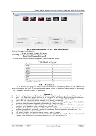 Content Based Image Retrieval Using 2-D Discrete Wavelet Transform
DOI: 10.9790/2834-10135760 www.iosrjournals.org 60 | Page
Fig. 4 Simulation Result for 2-D DWT with Texture Feature.
Retrieval Accuracy is calculated by
RetrievedImagesofNoTotal
RetrievedImagesRelevantofNo
Accuracy 
This table shows the retrieval accuracy for each class of the CBIR system.
Table.1 Retrieval Accuracy
Class Name Accuracy
People 82
Beach 84
Building 86
Buses 96
Dinosaur 96
Elephant 92
Horses 96
Roses 88
Mountain 88
Food 90
Average Retrieval Accuracy 89.8
VII. Conclusion
It is observed that proposed method improves the Content Based Image Retrieval with 2-D Discrete
Haar Wavelet with gray level co-occurrence matrix which is used to extract the texture feature of the images.
Table 1 shows the retrieval accuracy for the system.
References
[1]. Piotr Porwik, Agnieszka Lisowska, “The Haar Wavelet Transform in Digital Image Processing: Its Status and Achievements”.
[2]. Phang Chang, Phang Piau, “Simple Procedure for the Designation of Haar Wavelet Matrices for Differential Equations”,
Proceeding of the International Multiconference of Engineers and Computer Scientists 2008 Vol II, March 2008.
[3]. Patrick J. Van Fleet, “Discrete Haar Wavelet Transform”, PREP, Wavelet Workshop 2006.
[4]. N. Gnaneshwara Rao, Dr. V. Vijaya Kumara, V Venkata Krishna, “Texture Based Image Indexing and Retrieval”, IJCSNS
International Journal of Computer Science and Network Security, VOL.9 No.5, May 2009
[5]. Hossein Nezamabadi-pour and Saeid Saryazdi, “Object –Based Image Indexing and Retrieval in DCT Domain using Clustering
Techniques”, World Academy of Science, Engineering and Technology 3 2005
[6]. Hong Wang, Su Yang, Wei Liao, An Improved PCA Face Recognition Algorithm Based on the Discrete Wavelet Transform and
the Support Vector Machines, International Conference on Computational Intelligence and Security Workshops 308-311,2007.
[7]. http://www.fp.ucalgary.ca/mhallbey/tutorial.html
[8]. Prof. Somnath Sengupta, “Multi Resolution Analysis” Version 2 ECE IIT, Kharagpur
[9]. J.Madhavan, K.Porkumaran, “Performance Comparison Of PCA, DWT-PCA And LWT-PCA For Face Image Retrieval”,
Computer Science & Engineering: An International Journal (CSEIJ), Vol.2, No.6, December 2012
 
