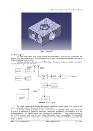 Autonomous Underwater Surveillance Robot
DOI: 10.9790/2834-10345361 www.iosrjournals.org 55 | Page
Figure 1: Outer body
2.1 Block Diagram
The input in the robot is given through a remote transmitter where it is encoded and transmitted to the
receiver which is present in the ROV. The decoder interprets the logic from the signal and passes it to the dual H
bridges which help to run the motor.
Simultaneously the wireless camera in the ROV streams the video to its receiver which is connected to
a screen. Block diagram is shown below:
Figure 2: Block Diagram
The voltage regulator is designed to automatically maintain a constant voltage level. It may use an
electro-mechanical mechanism for electric-electronic components.
Transmitter and receiver modules are tuned to work correctly at 433.92MHz. When a logic transmitted
is received by the receiver, it is passed to the decoder. The decoder interprets the logic and pass it on to the
desired H-bridge (L298 IC) which runs the motor connected to it. An additional 12V supply input is provided to
the L298 IC so that the logic works at a lower voltage. The wireless camera is powered by a 12v battery and
streams live video through its antenna. There is a dedicated receiver for the camera which is connected to the
screen for display.
 