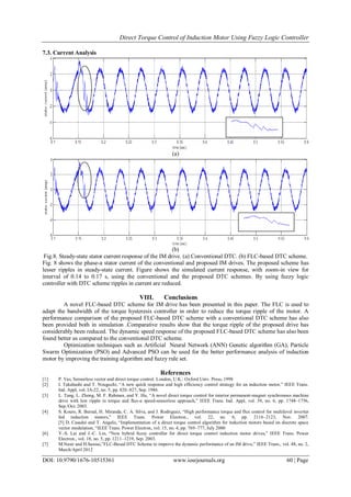 Direct Torque Control of Induction Motor Using Fuzzy Logic Controller
DOI: 10.9790/1676-10515361 www.iosrjournals.org 60 | Page
7.3. Current Analysis
(a)
(b)
Fig.8. Steady-state stator current response of the IM drive. (a) Conventional DTC. (b) FLC-based DTC scheme.
Fig. 8 shows the phase-a stator current of the conventional and proposed IM drives. The proposed scheme has
lesser ripples in steady-state current. Figure shows the simulated current response, with zoom-in view for
interval of 0.14 to 0.17 s, using the conventional and the proposed DTC schemes. By using fuzzy logic
controller with DTC scheme ripples in current are reduced.
VIII. Conclusions
A novel FLC-based DTC scheme for IM drive has been presented in this paper. The FLC is used to
adapt the bandwidth of the torque hysteresis controller in order to reduce the torque ripple of the motor. A
performance comparison of the proposed FLC-based DTC scheme with a conventional DTC scheme has also
been provided both in simulation .Comparative results show that the torque ripple of the proposed drive has
considerably been reduced. The dynamic speed response of the proposed FLC-based DTC scheme has also been
found better as compared to the conventional DTC scheme.
Optimization techniques such as Artificial Neural Network (ANN) Genetic algorithm (GA), Particle
Swarm Optimization (PSO) and Advanced PSO can be used for the better performance analysis of induction
motor by improving the training algorithm and fuzzy rule set.
References
[1] P. Vas, Sensorless vector and direct torque control. London, U.K.: Oxford Univ. Press, 1998
[2] I. Takahashi and T. Nouguchi, ―A new quick response and high efficiency control strategy for an induction motor,‖ IEEE Trans.
Ind. Appl, vol. IA-22, no. 5, pp. 820–827, Sep. 1986.
[3] L. Tang, L. Zhong, M. F. Rahman, and Y. Hu, ―A novel direct torque control for interior permanent-magnet synchronous machine
drive with low ripple in torque and flux-a speed-sensorless approach,‖ IEEE Trans. Ind. Appl, vol. 39, no. 6, pp. 1748–1756,
Sep./Oct. 2003.
[4] S. Kouro, R. Bernal, H. Miranda, C. A. Silva, and J. Rodriguez, ―High performance torque and flux control for multilevel inverter
fed induction motors,‖ IEEE Trans. Power Electron., vol. 22, no. 6, pp. 2116–2123, Nov. 2007.
[5] D. Casadei and T. Angelo, ―Implementation of a direct torque control algorithm for induction motors based on discrete space
vector modulation, ―IEEE Trans. Power Electron, vol. 15, no. 4, pp. 769–777, July 2000
[6] Y.-S. Lai and J.-C. Lin, ―New hybrid fuzzy controller for direct torque control induction motor drives,‖ IEEE Trans. Power
Electron., vol. 18, no. 5, pp. 1211–1219, Sep. 2003.
[7] M.Nasir and H.Sansui,‖FLC-Based DTC Scheme to improve the dynamic performance of an IM drive,‖ IEEE Trans., vol. 48, no. 2,
March/April 2012
 