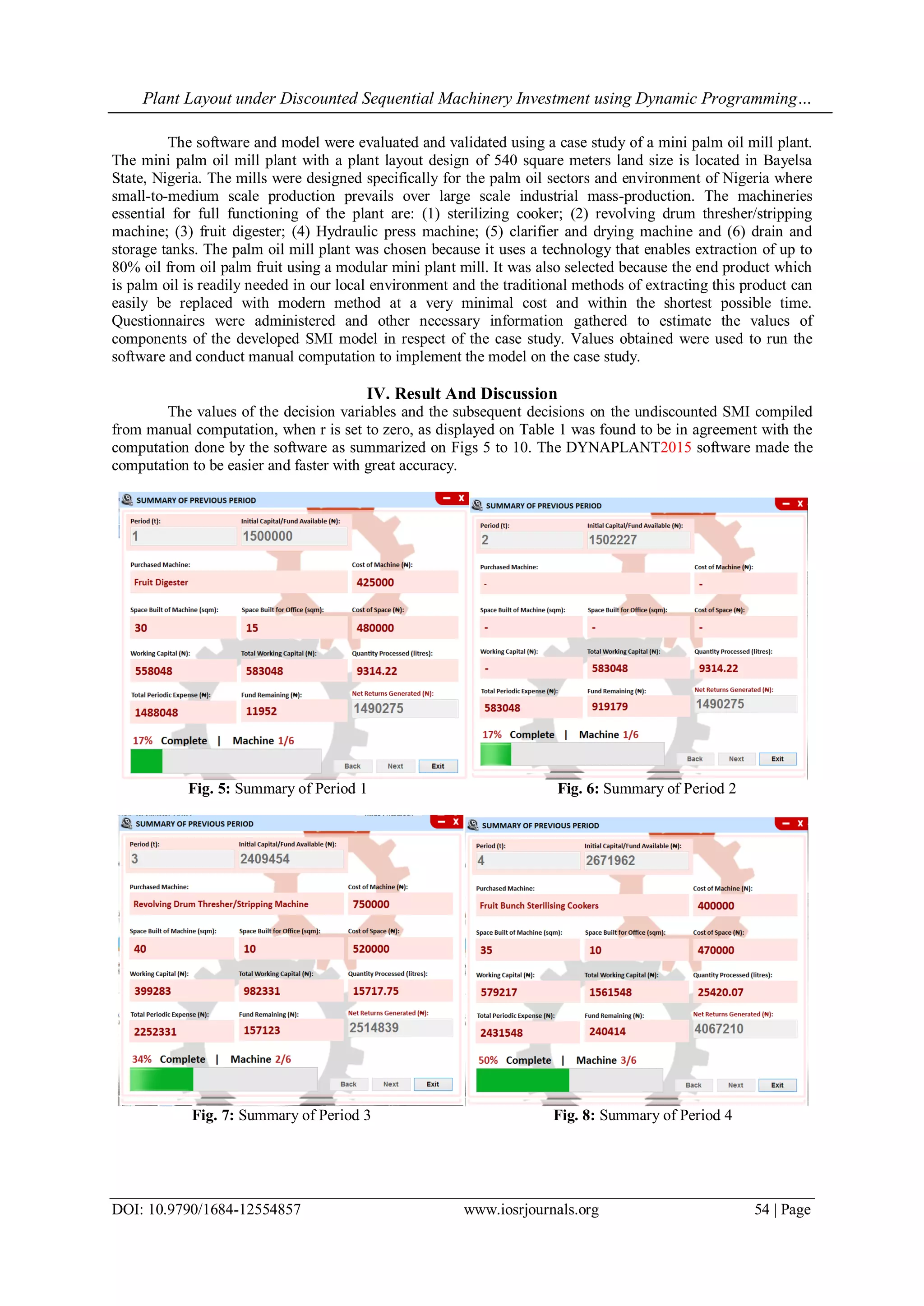 Plant Layout under Discounted Sequential Machinery Investment using Dynamic Programming…
DOI: 10.9790/1684-12554857 www.iosrjournals.org 54 | Page
The software and model were evaluated and validated using a case study of a mini palm oil mill plant.
The mini palm oil mill plant with a plant layout design of 540 square meters land size is located in Bayelsa
State, Nigeria. The mills were designed specifically for the palm oil sectors and environment of Nigeria where
small-to-medium scale production prevails over large scale industrial mass-production. The machineries
essential for full functioning of the plant are: (1) sterilizing cooker; (2) revolving drum thresher/stripping
machine; (3) fruit digester; (4) Hydraulic press machine; (5) clarifier and drying machine and (6) drain and
storage tanks. The palm oil mill plant was chosen because it uses a technology that enables extraction of up to
80% oil from oil palm fruit using a modular mini plant mill. It was also selected because the end product which
is palm oil is readily needed in our local environment and the traditional methods of extracting this product can
easily be replaced with modern method at a very minimal cost and within the shortest possible time.
Questionnaires were administered and other necessary information gathered to estimate the values of
components of the developed SMI model in respect of the case study. Values obtained were used to run the
software and conduct manual computation to implement the model on the case study.
IV. Result And Discussion
The values of the decision variables and the subsequent decisions on the undiscounted SMI compiled
from manual computation, when r is set to zero, as displayed on Table 1 was found to be in agreement with the
computation done by the software as summarized on Figs 5 to 10. The DYNAPLANT2015 software made the
computation to be easier and faster with great accuracy.
Fig. 5: Summary of Period 1 Fig. 6: Summary of Period 2
Fig. 7: Summary of Period 3 Fig. 8: Summary of Period 4
 