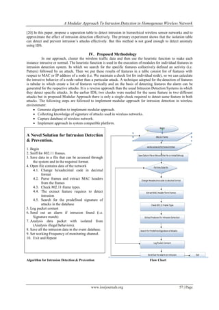 A Modular Approach To Intrusion Detection in Homogenous Wireless Network
www.iosrjournals.org 57 | Page
[20] In this paper, propose a separation table to detect intrusion in hierarchical wireless sensor networks and to
approximate the effect of intrusion detection effectively. The primary experiment shows that the isolation table
can detect and prevent intrusion’s attacks effectively. But this method is not good enough to detect anomaly
using IDS.
IV. Proposed Methodology
In our approach, cluster the wireless traffic data and then use the heuristic function to make each
instance intrusive or normal. The heuristic function is used in the execution of modules for individual features in
intrusion detection system. In which we search for the specific features collectively defined an activity (i.e.
Pattern) followed by an attack. Then we put these results of features in a table consist list of features with
respect to MAC or IP address of a node (i.e. We maintain a check list for individual node), so we can calculate
the intrusive behavior of a node rather than a particular attack. A technique adopted for the detection of features
is tabular in which create a list of features vertically and on the basis of detecting features the alarm can be
generated for the respective attacks. It is a reverse approach than the usual Intrusion Detection Systems in which
they detect specific attacks. In the earlier IDS, two checks were needed for the same feature in two different
attacks but in proposed Modular Approach there is only a single check required to detect same feature in both
attacks. The following steps are followed to implement modular approach for intrusion detection in wireless
environment:
 Generate algorithm to implement modular approach.
 Collecting knowledge of signature of attacks used in wireless networks.
 Capture database of wireless network.
 Implement approach in system compatible platform.
Algorithm for Intrusion Detection & Prevention Flow Chart
A Novel Solution for Intrusion Detection
& Prevention.
1. Begin
2. Sniff for 802.11 frames.
3. Save data in a file that can be accessed through
the system and in the required format.
4. Open file contains data of the network
4.1. Change hexadecimal code in decimal
format
4.2. Purse frames and extract MAC headers
from the frames
4.3. Check 802.11 frame types.
4.4. The extract feature requires to detect
intrusion
4.5. Search for the predefined signature of
attacks in the database
5. Log packet content
6. Send out an alarm if intrusion found (i.e.
Signature match)
7. Analysis data packet with isolated from
(Analysis illegal behaviors).
8. Save all the intrusion data in the event database.
9. Set working Frequency of monitoring channel.
10. Exit and Repeat
 