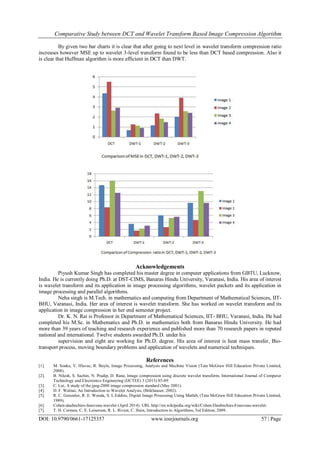 Comparative Study between DCT and Wavelet Transform Based Image Compression Algorithm
DOI: 10.9790/0661-17125357 www.iosrjournals.org 57 | Page
By given two bar charts it is clear that after going to next level in wavelet transform compression ratio
increases however MSE up to wavelet 3-level transform found to be less than DCT based compression. Also it
is clear that Huffman algorithm is more efficient in DCT than DWT.
Acknowledgements
Piyush Kumar Singh has completed his master degree in computer applications from GBTU, Lucknow,
India. He is currently doing Ph.D. at DST-CIMS, Banaras Hindu University, Varanasi, India. His area of interest
is wavelet transform and its application in image processing algorithms, wavelet packets and its application in
image processing and parallel algorithms.
Neha singh is M.Tech. in mathematics and computing from Department of Mathematical Sciences, IIT-
BHU, Varanasi, India. Her area of interest is wavelet transform. She has worked on wavelet transform and its
application in image compression in her end semester project.
Dr. K. N. Rai is Professor in Department of Mathematical Sciences, IIT- BHU, Varanasi, India. He had
completed his M.Sc. in Mathematics and Ph.D. in mathematics both from Banaras Hindu University. He had
more than 39 years of teaching and research experience and published more than 70 research papers in reputed
national and international. Twelve students awarded Ph.D. under his
supervision and eight are working for Ph.D. degree. His area of interest is heat mass transfer, Bio-
transport process, moving boundary problems and application of wavelets and numerical techniques.
References
[1]. M. Sonka, V. Hlavac, R. Boyle, Image Processing, Analysis and Machine Vision (Tata McGraw Hill Education Private Limited,
2008).
[2]. B. Nilesh, S. Sachin, N. Pradip, D. Rane, Image compression using discrete wavelet transform, International Journal of Computer
Technology and Electronics Engineering (IJCTEE) 3 (2013) 85-89.
[3]. C. Lui, A study of the jpeg-2000 image compression standard (May 2001).
[4]. D. F. Walnut, An Introduction to Wavelet Analysis, (Brikhauser, 2002).
[5]. R. C. Gonzalez, R. E. Wooda, S. L.Eddins, Digital Image Processing Using Matlab, (Tata McGraw Hill Education Private Limited,
1989).
[6]. Cohen-daubechies-feauveau-wavelet (April 2014). URL http://en.wikipedia.org/wiki/Cohen-Daubechies-Feauveau-wavelet.
[7]. T. H. Cormen, C. E. Leiserson, R. L. Rivest, C. Stein, Introduction to Algorithms, 3rd Edition, 2009.
 
