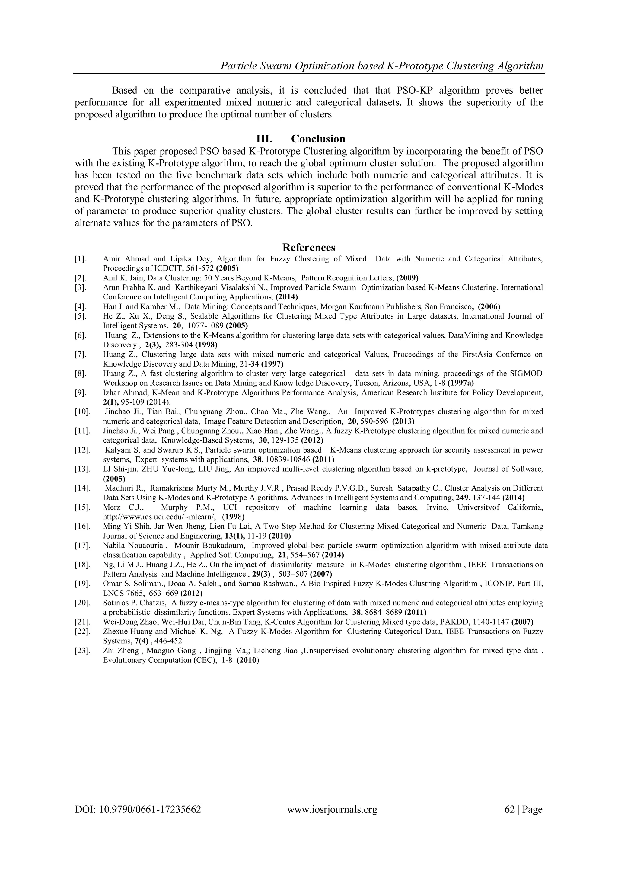 Particle Swarm Optimization based K-Prototype Clustering Algorithm | PDF