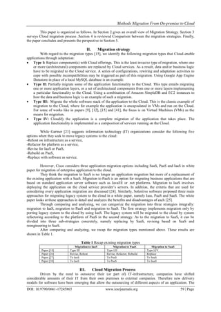 Methods Migration From On-premise to Cloud
DOI: 10.9790/0661-17245865 www.iosrjournals.org 59 | Page
This paper is organized as follows. In Section 2 gives an overall view of Migration Strategy. Section 3
surveys Cloud migration process .Section 4 is reviewed Comparison between the migration strategies. Finally,
the paper concludes and presents the perspective in Section 5.
II. Migration strategy
With regard to the migration types [15], we identify the following migration types that Cloud-enable
applications through adaptation:
 Type I: Replace component(s) with Cloud offerings. This is the least invasive type of migration, where one
or more (architectural) components are replaced by Cloud services. As a result, data and/or business logic
have to be migrated to the Cloud service. A series of configurations, rewiring and adaptation activities to
cope with possible incompatibilities may be triggered as part of this migration. Using Google App Engine
Datastore in place of a local MySQL database is an example.
 Type II: Partially migrate some of the application functionality to the Cloud. This type entails migrating
one or more application layers, or a set of architectural components from one or more layers implementing
a particular functionality to the Cloud. Using a combination of Amazon SimpleDB and EC2 instances to
host the data and business logic is an example of such a migration.
 Type III: Migrate the whole software stack of the application to the Cloud. This is the classic example of
migration to the Cloud, where for example the application is encapsulated in VMs and run on the Cloud.
For some of works like in papers [9], [12], [15] and [41], the focus is on Virtual Machines (VMs) as the
means for migration.
 Type IV: Cloudify the application is a complete migration of the application that takes place. The
application functionality is implemented as a composition of services running on the Cloud.
While Gartner [23] suggests information technology (IT) organizations consider the following five
options when they seek to move legacy systems to the cloud:
-Rehost on infrastructure as a service,
-Refactor for platform as a service,
-Revise for IaaS or PaaS,
-Rebuild on PaaS,
-Replace with software as service.
However, Cisco considers three application migration options including SaaS, PaaS and IaaS in white
paper for migration of enterprise application to the cloud.
They think the migration to SaaS is no longer an application migration but more of a replacement of
the existing application with a SaaS. Migration to PaaS is an option for migrating business applications that are
based on standard application server software such as JavaEE or .net platforms. Migration to IaaS involves
deploying the application on the cloud service provider’s servers. In addition, the criteria that are used for
considering every application migration are discussed [24]. Similarly, Solentive software proposed three main
approaches for migrating legacy system to the cloud in a white paper, namely Iaas, PaaS and SaaS. The white
paper looks at these approaches in detail and analyzes the benefits and disadvantages of each [25].
Through comparing and analyzing, we can categorize the migration into three strategies integrally:
migration to IaaS, migration to PaaS and migration to SaaS. The first strategy implements migration only by
porting legacy system to the cloud by using IaaS. The legacy system will be migrated to the cloud by system
refactoring according to the platform of PaaS in the second strategy. As to the migration to SaaS, it can be
divided into three sub-strategies concretely, namely replacing by SaaS, revising based on SaaS and
reengineering to SaaS.
After comparing and analyzing, we recap the migration types mentioned above. These results are
shown in Table 1.
Table 1 Recap existing migration types
Migration to IaaS Migration to PaaS Migration to SaaS
Paper [18] Type III Type I,II Type I,IV
Paper [26] Revise, Rehost Revise, Refactor, Rebuild Replace
Paper [27] To IaaS To PaaS To SaaS
Paper [28] To IaaS To PaaS To SaaS
III. Cloud Migration Process
Driven by the need to outsource their (or part of) IT-infrastructure, companies have shifted
considerable amounts of their IT from their own premises to external companies. Therefore new delivery
models for software have been emerging that allow the outsourcing of different aspects of an application. The
 