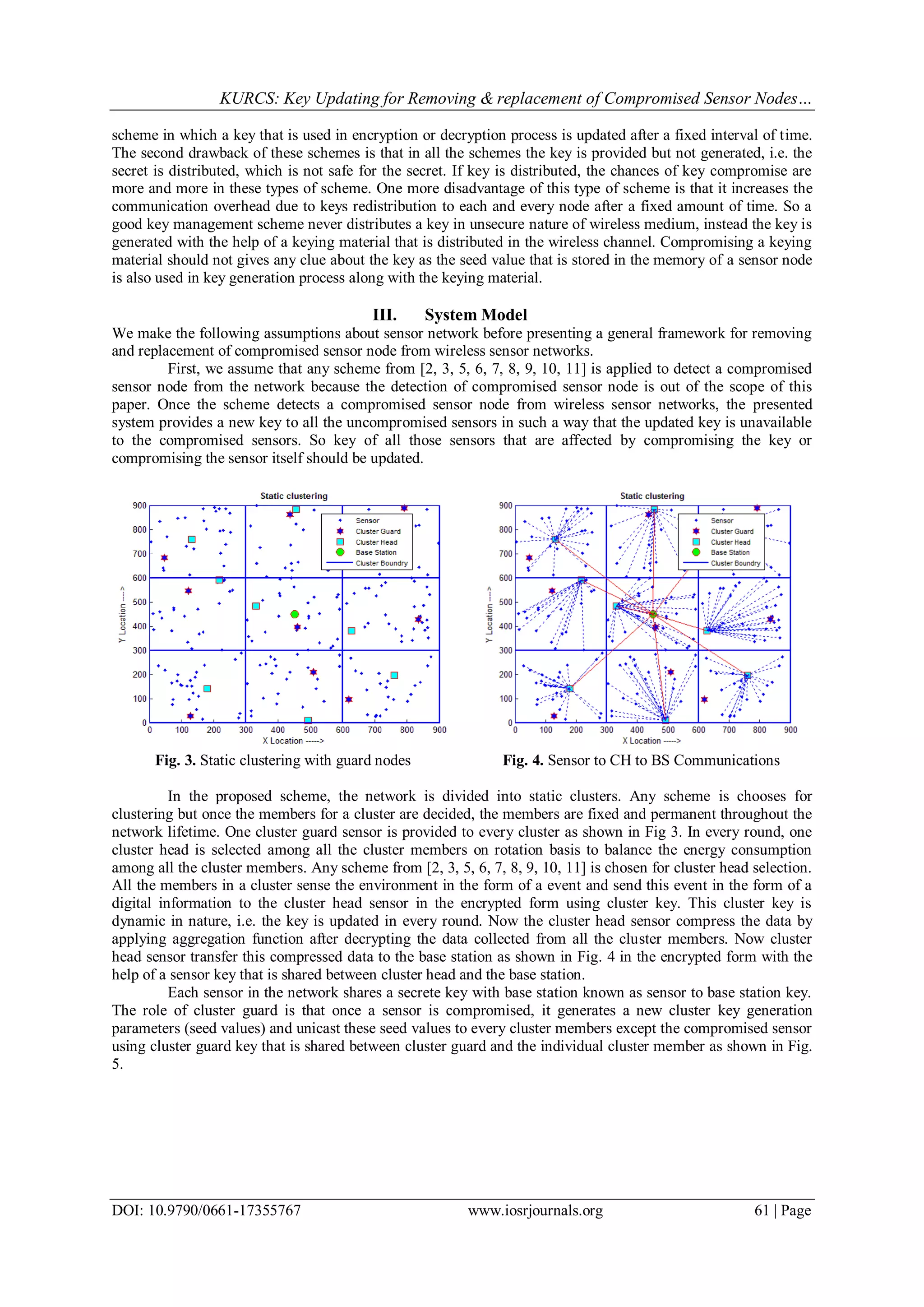 KURCS: Key Updating for Removing & replacement of Compromised Sensor Nodes…
DOI: 10.9790/0661-17355767 www.iosrjournals.org 61 | Page
scheme in which a key that is used in encryption or decryption process is updated after a fixed interval of time.
The second drawback of these schemes is that in all the schemes the key is provided but not generated, i.e. the
secret is distributed, which is not safe for the secret. If key is distributed, the chances of key compromise are
more and more in these types of scheme. One more disadvantage of this type of scheme is that it increases the
communication overhead due to keys redistribution to each and every node after a fixed amount of time. So a
good key management scheme never distributes a key in unsecure nature of wireless medium, instead the key is
generated with the help of a keying material that is distributed in the wireless channel. Compromising a keying
material should not gives any clue about the key as the seed value that is stored in the memory of a sensor node
is also used in key generation process along with the keying material.
III. System Model
We make the following assumptions about sensor network before presenting a general framework for removing
and replacement of compromised sensor node from wireless sensor networks.
First, we assume that any scheme from [2, 3, 5, 6, 7, 8, 9, 10, 11] is applied to detect a compromised
sensor node from the network because the detection of compromised sensor node is out of the scope of this
paper. Once the scheme detects a compromised sensor node from wireless sensor networks, the presented
system provides a new key to all the uncompromised sensors in such a way that the updated key is unavailable
to the compromised sensors. So key of all those sensors that are affected by compromising the key or
compromising the sensor itself should be updated.
Fig. 3. Static clustering with guard nodes Fig. 4. Sensor to CH to BS Communications
In the proposed scheme, the network is divided into static clusters. Any scheme is chooses for
clustering but once the members for a cluster are decided, the members are fixed and permanent throughout the
network lifetime. One cluster guard sensor is provided to every cluster as shown in Fig 3. In every round, one
cluster head is selected among all the cluster members on rotation basis to balance the energy consumption
among all the cluster members. Any scheme from [2, 3, 5, 6, 7, 8, 9, 10, 11] is chosen for cluster head selection.
All the members in a cluster sense the environment in the form of a event and send this event in the form of a
digital information to the cluster head sensor in the encrypted form using cluster key. This cluster key is
dynamic in nature, i.e. the key is updated in every round. Now the cluster head sensor compress the data by
applying aggregation function after decrypting the data collected from all the cluster members. Now cluster
head sensor transfer this compressed data to the base station as shown in Fig. 4 in the encrypted form with the
help of a sensor key that is shared between cluster head and the base station.
Each sensor in the network shares a secrete key with base station known as sensor to base station key.
The role of cluster guard is that once a sensor is compromised, it generates a new cluster key generation
parameters (seed values) and unicast these seed values to every cluster members except the compromised sensor
using cluster guard key that is shared between cluster guard and the individual cluster member as shown in Fig.
5.
 