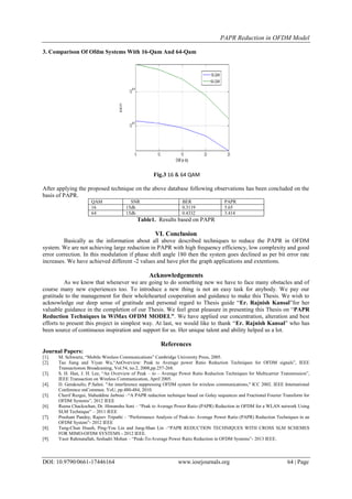 PAPR Reduction in OFDM Model
DOI: 10.9790/0661-17446164 www.iosrjournals.org 64 | Page
3. Comparison Of Ofdm Systems With 16-Qam And 64-Qam
Fig.3 16 & 64 QAM
After applying the proposed technique on the above database following observations has been concluded on the
basis of PAPR.
QAM SNR BER PAPR
16 15db 0.3119 5.65
64 15db 0.4332 3.414
Table1. Results based on PAPR
VI. Conclusion
Basically as the information about all above described techniques to reduce the PAPR in OFDM
system. We are not achieving large reduction in PAPR with high frequency efficiency, low complexity and good
error correction. In this modulation if phase shift angle 180 then the system goes declined as per bit error rate
increases. We have achieved different -2 values and have plot the graph applications and extentions.
Acknowledgements
As we know that whenever we are going to do something new we have to face many obstacles and of
course many new experiences too. To introduce a new thing is not an easy task for anybody. We pay our
gratitude to the management for their wholehearted cooperation and guidance to make this Thesis. We wish to
acknowledge our deep sense of gratitude and personal regard to Thesis guide “Er. Rajnish Kansal”for her
valuable guidance in the completion of our Thesis. We feel great pleasure in presenting this Thesis on “PAPR
Reduction Techniques in WiMax OFDM MODEL”. We have applied our concentration, alteration and best
efforts to present this project in simplest way. At last, we would like to thank “Er. Rajnish Kansal” who has
been source of continuous inspiration and support for us. Her unique talent and ability helped us a lot.
References
Journal Papers:
[1]. M. Schwartz, “Mobile Wireless Communications” Cambridge University Press, 2005.
[2]. Tao Jiang and Yiyan Wu,“AnOverview: Peak to Average power Ratio Reduction Techniques for OFDM signals”, IEEE
Transactionon Broadcasting, Vol.54, no.2, 2008,pp.257-268.
[3]. S. H. Han, J. H. Lee, “An Overview of Peak – to – Average Power Ratio Reduction Techniques for Multicarrier Transmission”,
IEEE Transaction on Wireless Communication, April 2005.
[4]. D. Gerakoulis; P.Salmi. "An interference suppressing OFDM system for wireless communications," ICC 2002. IEEE International
Conference onCommun. YoU, pp.480-484, 2010.
[5]. Cherif Rezgui, Slaheddine Jarboui –“A PAPR reduction technique based on Golay sequences and Fractional Fourier Transform for
OFDM Systems”, 2012 IEEE
[6]. Reena Chackochan, Dr. Himanshu Soni – “Peak to Average Power Ratio (PAPR) Reduction in OFDM for a WLAN network Using
SLM Technique” – 2011 IEEE
[7]. Prashant Pandey, Rajeev Tripathi – “Performance Analysis of Peak-to- Average Power Ratio (PAPR) Reduction Techniques in an
OFDM System”- 2012 IEEE
[8]. Tung-Chun Hsueh, Ping-You Lin and Jung-Shan Lin –“PAPR REDUCTION TECHNIQUES WITH CROSS SLM SCHEMES
FOR MIMO-OFDM SYSTEMS - 2012 IEEE.
[9]. Yasir Rahmatallah, Seshadri Mohan – “Peak-To-Average Power Ratio Reduction in OFDM Systems”- 2013 IEEE.
 