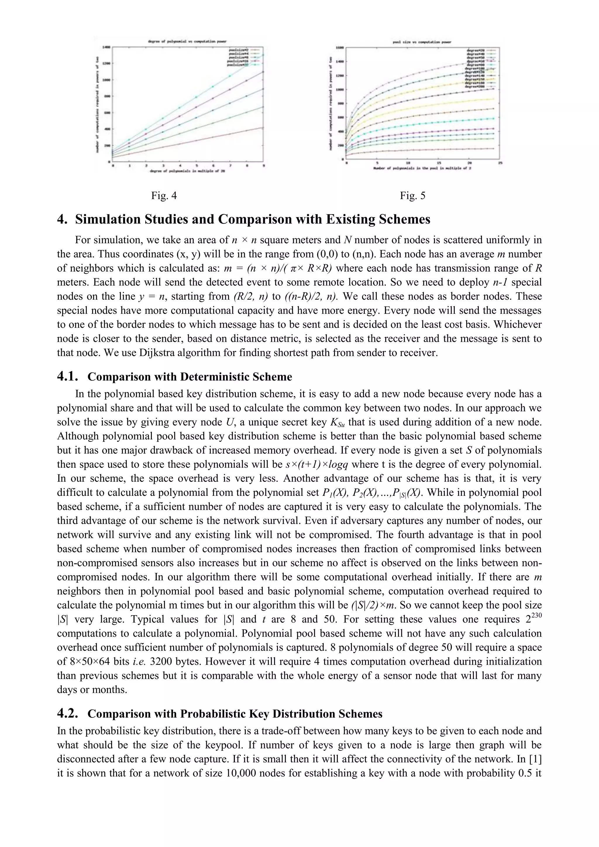 Fig. 4 Fig. 5 
4. Simulation Studies and Comparison with Existing Schemes 
For simulation, we take an area of n × n square meters and N number of nodes is scattered uniformly in the area. Thus coordinates (x, y) will be in the range from (0,0) to (n,n). Each node has an average m number of neighbors which is calculated as: m = (n × n)/( π× R×R) where each node has transmission range of R meters. Each node will send the detected event to some remote location. So we need to deploy n-1 special nodes on the line y = n, starting from (R/2, n) to ((n-R)/2, n). We call these nodes as border nodes. These special nodes have more computational capacity and have more energy. Every node will send the messages to one of the border nodes to which message has to be sent and is decided on the least cost basis. Whichever node is closer to the sender, based on distance metric, is selected as the receiver and the message is sent to that node. We use Dijkstra algorithm for finding shortest path from sender to receiver. 
4.1. Comparison with Deterministic Scheme 
In the polynomial based key distribution scheme, it is easy to add a new node because every node has a polynomial share and that will be used to calculate the common key between two nodes. In our approach we solve the issue by giving every node U, a unique secret key KSu that is used during addition of a new node. Although polynomial pool based key distribution scheme is better than the basic polynomial based scheme but it has one major drawback of increased memory overhead. If every node is given a set S of polynomials then space used to store these polynomials will be s×(t+1)×logq where t is the degree of every polynomial. In our scheme, the space overhead is very less. Another advantage of our scheme has is that, it is very difficult to calculate a polynomial from the polynomial set P1(X), P2(X),…,P|S|(X). While in polynomial pool based scheme, if a sufficient number of nodes are captured it is very easy to calculate the polynomials. The third advantage of our scheme is the network survival. Even if adversary captures any number of nodes, our network will survive and any existing link will not be compromised. The fourth advantage is that in pool based scheme when number of compromised nodes increases then fraction of compromised links between non-compromised sensors also increases but in our scheme no affect is observed on the links between non- compromised nodes. In our algorithm there will be some computational overhead initially. If there are m neighbors then in polynomial pool based and basic polynomial scheme, computation overhead required to calculate the polynomial m times but in our algorithm this will be (|S|/2)×m. So we cannot keep the pool size |S| very large. Typical values for |S| and t are 8 and 50. For setting these values one requires 2230 computations to calculate a polynomial. Polynomial pool based scheme will not have any such calculation overhead once sufficient number of polynomials is captured. 8 polynomials of degree 50 will require a space of 8×50×64 bits i.e. 3200 bytes. However it will require 4 times computation overhead during initialization than previous schemes but it is comparable with the whole energy of a sensor node that will last for many days or months. 
4.2. Comparison with Probabilistic Key Distribution Schemes 
In the probabilistic key distribution, there is a trade-off between how many keys to be given to each node and what should be the size of the keypool. If number of keys given to a node is large then graph will be disconnected after a few node capture. If it is small then it will affect the connectivity of the network. In [1] it is shown that for a network of size 10,000 nodes for establishing a key with a node with probability 0.5 it  