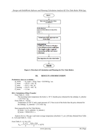 Design with SolidWorks Software and Planning Calculation Analysis Of Fire Tube Boiler With Lpg-
www.ijres.org 46 | Page
Figure 2. Flowchart of Calculation and Planning for Fire Tube Boilers
III. RESULTS AND DISCUSSION
Preliminary data are available :
ṁ_steam = ṁ_water = 70 kg / hour = 0.01944 kg / sec
T_steam = 120 ℃ = 393 ° K
T_water = 30 ℃ = 303 ° K
T_burning = 534 ℃ = 807 ° K
P_steam = 1.5 bar
III.1. Calculation of Heat Transfer
From Table A – 2 [5]:
The incoming water temperature the boiler is 30 º C thenthe price obtained for the enthalpy: h_inboiler
= 125.79 kJ / kg
From Table A – 4 [5,6]:
Temperature of 120 º C and a vapor pressure of 1.5 bar at exit of the boiler then the price obtained for
the enthalpy : h_outboiler = 2711.4 kJ / kg
Heat required by the Fire Tube Boilers
Q_boiler = m ( h_outboiler - h_inboiler )
Q_boiler = 50264.258 J / s
Analysis for ṁ_( flue gas ) and water average temperature absorbed ( T_cm ).All data obtained from Table
A - 4 [5] and Table A – 6 [5].
From Table A - 4 ( Air ) [5]:
𝑇𝑕𝑚 =
𝑇𝑠 + 𝑇∞
2
=
120 + 534
2
= 327℃
 