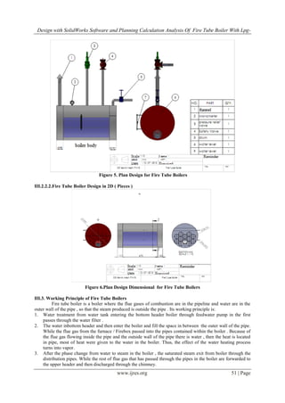 Design with SolidWorks Software and Planning Calculation Analysis Of Fire Tube Boiler With Lpg-
www.ijres.org 51 | Page
Figure 5. Plan Design for Fire Tube Boilers
III.2.2.2.Fire Tube Boiler Design in 2D ( Pieces )
Figure 6.Plan Design Dimensional for Fire Tube Boilers
III.3. Working Principle of Fire Tube Boilers
Fire tube boiler is a boiler where the flue gases of combustion are in the pipeline and water are in the
outer wall of the pipe , so that the steam produced is outside the pipe . Its working principle is:
1. Water treatment from water tank entering the bottom header boiler through feedwater pump in the first
passes through the water filter .
2. The water inbottom header and then enter the boiler and fill the space in between the outer wall of the pipe.
While the flue gas from the furnace / Firebox passed into the pipes contained within the boiler . Because of
the flue gas flowing inside the pipe and the outside wall of the pipe there is water , then the heat is located
in pipe, most of heat were given to the water in the boiler. Thus, the effect of the water heating process
turns into vapor.
3. After the phase change from water to steam in the boiler , the saturated steam exit from boiler through the
distribution pipes. While the rest of flue gas that has passed through the pipes in the boiler are forwarded to
the upper header and then discharged through the chimney.
 
