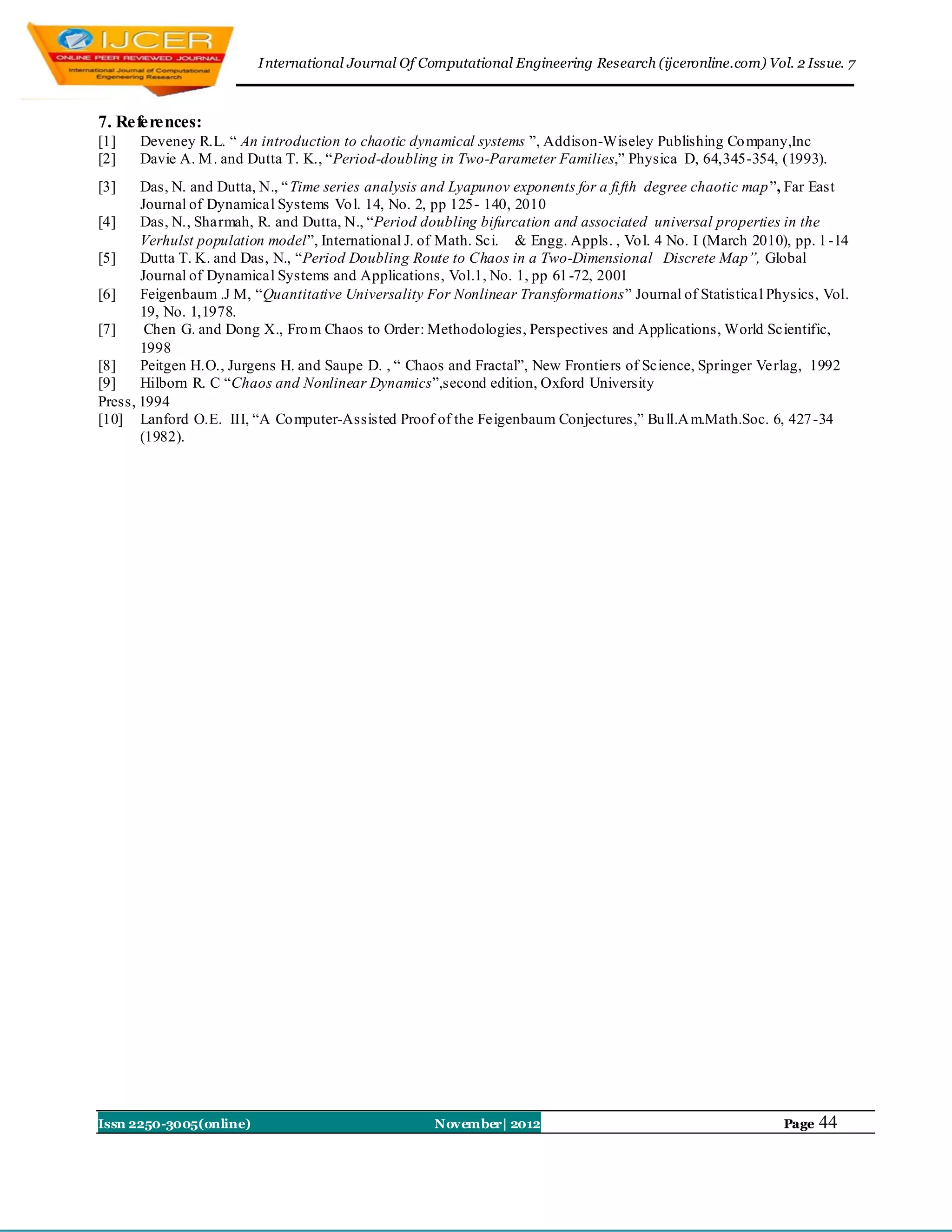 I nternational Journal Of Computational Engineering Research (ijceronline.com) Vol. 2 Issue. 7



7. References:
[1]   Deveney R.L. “ An introduction to chaotic dynamical systems ”, Addison-Wiseley Publishing Co mpany,Inc
[2]   Davie A. M . and Dutta T. K., “Period-doubling in Two-Parameter Families,” Physica D, 64,345-354, (1993).
[3]    Das, N. and Dutta, N., “ Time series analysis and Lyapunov exponents for a fi fth degree chaotic map ”, Far East
       Journal of Dynamical Systems Vo l. 14, No. 2, pp 125- 140, 2010
[4]    Das, N., Sharmah, R. and Dutta, N., “Period doubling bifurcation and associated universal properties in the
       Verhulst population model”, International J. of Math. Sci. & Engg. Appls. , Vo l. 4 No. I (March 2010), pp. 1 -14
[5]    Dutta T. K. and Das, N., “Period Doubling Route to Chaos in a Two-Dimensional Discrete Map”, Global
       Journal of Dynamical Systems and Applications, Vol.1, No. 1, pp 61 -72, 2001
[6]    Feigenbaum .J M, “Quantitative Universality For Nonlinear Transformations” Journal of Statistical Physics, Vol.
       19, No. 1,1978.
[7]     Chen G. and Dong X., Fro m Chaos to Order: Methodologies, Perspectives and Applications, World Scientific,
       1998
[8]    Peitgen H.O., Jurgens H. and Saupe D. , “ Chaos and Fractal”, New Frontiers of Science, Springer Verlag, 1992
[9]    Hilborn R. C “Chaos and Nonlinear Dynamics”,second edition, Oxford University
Press, 1994
[10] Lanford O.E. III, “A Co mputer-Assisted Proof of the Feigenbaum Conjectures,” Bu ll.A m.Math.Soc. 6, 427 -34
       (1982).




Issn 2250-3005(online)                               November| 2012                                          Page   44
 