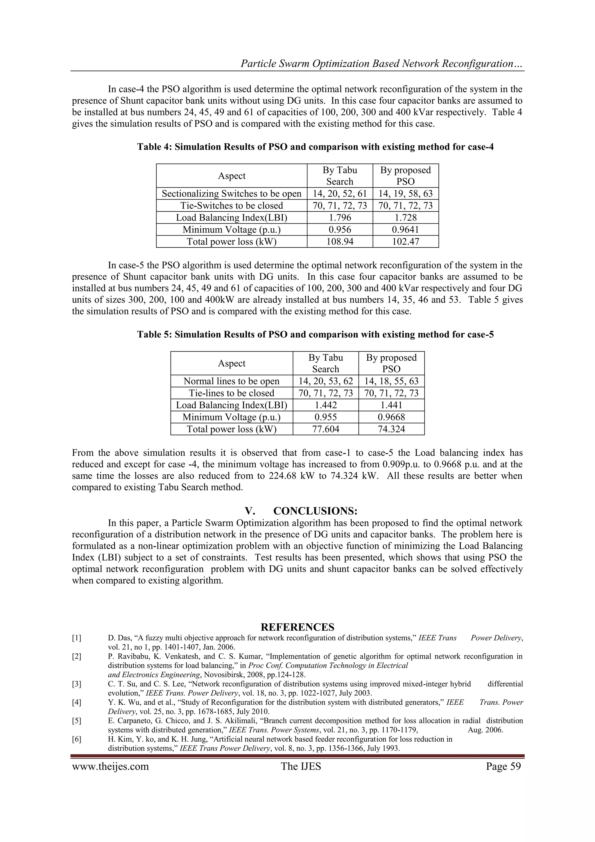 Particle Swarm Optimization Based Network Reconfiguration… www.theijes.com The IJES Page 59 In case-4 the PSO algorithm is used determine the optimal network reconfiguration of the system in the presence of Shunt capacitor bank units without using DG units. In this case four capacitor banks are assumed to be installed at bus numbers 24, 45, 49 and 61 of capacities of 100, 200, 300 and 400 kVar respectively. Table 4 gives the simulation results of PSO and is compared with the existing method for this case. Table 4: Simulation Results of PSO and comparison with existing method for case-4 Aspect By Tabu Search By proposed PSO Sectionalizing Switches to be open 14, 20, 52, 61 14, 19, 58, 63 Tie-Switches to be closed 70, 71, 72, 73 70, 71, 72, 73 Load Balancing Index(LBI) 1.796 1.728 Minimum Voltage (p.u.) 0.956 0.9641 Total power loss (kW) 108.94 102.47 In case-5 the PSO algorithm is used determine the optimal network reconfiguration of the system in the presence of Shunt capacitor bank units with DG units. In this case four capacitor banks are assumed to be installed at bus numbers 24, 45, 49 and 61 of capacities of 100, 200, 300 and 400 kVar respectively and four DG units of sizes 300, 200, 100 and 400kW are already installed at bus numbers 14, 35, 46 and 53. Table 5 gives the simulation results of PSO and is compared with the existing method for this case. Table 5: Simulation Results of PSO and comparison with existing method for case-5 Aspect By Tabu Search By proposed PSO Normal lines to be open 14, 20, 53, 62 14, 18, 55, 63 Tie-lines to be closed 70, 71, 72, 73 70, 71, 72, 73 Load Balancing Index(LBI) 1.442 1.441 Minimum Voltage (p.u.) 0.955 0.9668 Total power loss (kW) 77.604 74.324 From the above simulation results it is observed that from case-1 to case-5 the Load balancing index has reduced and except for case -4, the minimum voltage has increased to from 0.909p.u. to 0.9668 p.u. and at the same time the losses are also reduced from to 224.68 kW to 74.324 kW. All these results are better when compared to existing Tabu Search method. V. CONCLUSIONS: In this paper, a Particle Swarm Optimization algorithm has been proposed to find the optimal network reconfiguration of a distribution network in the presence of DG units and capacitor banks. The problem here is formulated as a non-linear optimization problem with an objective function of minimizing the Load Balancing Index (LBI) subject to a set of constraints. Test results has been presented, which shows that using PSO the optimal network reconfiguration problem with DG units and shunt capacitor banks can be solved effectively when compared to existing algorithm. REFERENCES [1] D. Das, “A fuzzy multi objective approach for network reconfiguration of distribution systems,” IEEE Trans Power Delivery, vol. 21, no 1, pp. 1401-1407, Jan. 2006. [2] P. Ravibabu, K. Venkatesh, and C. S. Kumar, “Implementation of genetic algorithm for optimal network reconfiguration in distribution systems for load balancing,” in Proc Conf. Computation Technology in Electrical and Electronics Engineering, Novosibirsk, 2008, pp.124-128. [3] C. T. Su, and C. S. Lee, “Network reconfiguration of distribution systems using improved mixed-integer hybrid differential evolution,” IEEE Trans. Power Delivery, vol. 18, no. 3, pp. 1022-1027, July 2003. [4] Y. K. Wu, and et al., “Study of Reconfiguration for the distribution system with distributed generators,” IEEE Trans. Power Delivery, vol. 25, no. 3, pp. 1678-1685, July 2010. [5] E. Carpaneto, G. Chicco, and J. S. Akilimali, “Branch current decomposition method for loss allocation in radial distribution systems with distributed generation,” IEEE Trans. Power Systems, vol. 21, no. 3, pp. 1170-1179, Aug. 2006. [6] H. Kim, Y. ko, and K. H. Jung, “Artificial neural network based feeder reconfiguration for loss reduction in distribution systems,” IEEE Trans Power Delivery, vol. 8, no. 3, pp. 1356-1366, July 1993. 