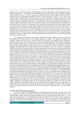 Evaluation And Modeling Of High Surface Area…
evaluation of SBET surface area made in the range 0.005–0.20 bears equal validity as those obtained in the BET
analysis of Kaneko et al. The deviation of the BET-plot from linearity becomes clearly remarkable from the
relative pressure value of 0.2. The SBET surface area of different activated carbon samples obtained from BETanalysis along with corresponding monolayer capacity Vm values are given in Table .1. The as-plots of the
activated carbon samples under study are shown in the Fig.2 (a1,b1&c1). According to them if the right
reference data, i.e. the data from a reference material having the same value as that of the test material, is not
used the straight line extended from the lower p/po values cuts the y-axis (volume adsorbed axis) for a positive or
a negative value of the adsorbed volume. The micropore volume for all the activated carbon were calculated and
tabulated in Table1. The pore size distribution curves have been constructed based on diving the pore system
into a number of fixed groups of pores, each characterized by a narrow range of pore sizes. The pore size
distribution curve for selected activated carbon samples are shown in Fig. 6(e–j). It can be seen from the
distribution curve that in the case of oxidized samples, there was decrease in pore volume in lower diameter
though the pores at higher diameters have not been affected much, as a result of oxidation, the oxygen groups
essentially fixed at the entrance of the micropores and inside the wider micropores, which increases nitrogen
constriction to the pores. The micropore volume calculated from the summation of volumes of individual groups
of pores Vot is given in Table1.
As comparison of micropore volume values obtained by different methods with the Vm value from
BET-method show that the latter value is the smallest among all the samples. This indicate the completion of
monolayer coverage on the surface of carbon before all the micropore are completely filled. Among the
micropore volume values, the one obtained from as-method has highest magnitude. These results clearly indicate
that the surface chemical nature as well as surface texture of the activated carbon were changed considerably
after oxidization with different oxidizing agent. Thus, the most important difference between the activation
mechanism with NaOH and H3PO4 is that, whereas the first mechanism remove and avoid the crosslinking,
stabilizing the carbon atoms in crystallites, the second mechanism involves an excessive crosslinking by both acid
catalysis and through the phosphate linkages. The activated samples, A1,A2,A3,A4,A5,A6,A7,A8,A9) ( where
DF is date frond , S is physical treatment by single step steam pyrolysis, H is symbol of phosphoric acid, Na is
symbol of NaOH, the first number is indicated to thermal treatment multiplication in 100 and the second is the
duration time per hour), are A1, A2, A3, A4, A5, A6, A7, A8 and A9 respectively).Treatment with NaOH and
H3PO4 brought about, with regard to the samples, a large decrease in the ash content and an increase in the
carbon content, which increased from sample A1-A3, A4-A5 and from A6-A9. The N and O content gradually
decreased with the increase in the temperature and duration time in NaOH/sample. High ash content in carbons
is undesirable because mechanical strength and adsorptive capacity are reduced. The high ash content of these
carbons can be due to several reasons such as: (i) The inorganic constituent of the raw material can combine
with phosphoric acid giving insoluble phosphates, which furthermore, can be trapped inside the carbon matrix
due to the crosslinking that produces the treatment with H3PO4 and (ii) phosphate and polyphosphate species are
incorporated to the carbon matrix, through C–O–P bonds, connecting and crosslinking different organic species.
The lowest ash content of sample A4 can be due to [19] steam inhibited the formation of condensed phosphates
and eliminated the phosphate groups previously attached to the carbon. Characteristics of activated carbons
obtained from phosphoric acid activation are shown in Tables 1 and 2. The activated carbons obtained by this
method had an ash content that depended on the atmosphere of the treatment. Thus, the treatment of DF, yielded
different ash content depending on the activated method, which in this case, was similar to that of the blank
samples. Furthermore, the ash content of these activated carbons was much higher than those prepared from the
NaOH method. SBET surface areas Table1, of the blanks,(A4 – A6), were much higher than those of the
corresponding activated carbons (A7–A9). Therefore, the H3PO4 activation increased the SBET surface area of the
samples, although in much higher extent than the activation with NaOH. SBET Surface area of the activated
carbons obtained seems to depend on their ash content, with higher ash content the lower SBET surface area. All
samples had very low mesopore and macropore volumes and a somewhat higher micropore volume. All these
surface characteristics make that the particle density of these samples be higher than in the case of the NaOH
treatment.
3.4. Effect of burn off on porous properties
As shown in Table 1, the porous properties of the prepared activated carbons vary from 60 to 1100
m 2 / g for the SBET surface area, from 0.005 to 0.3 m l / g for the micropore volume, and from 0.05 to 0.59 m l / g
for the mesopore volume. Some of these activated carbons have a SBET surface area more than, 1 0 0 0 m 2 / g and
mainly contain micropores. It is noteworthy that the mesopore volume of (A5-A6), series carbons of groups are
quite large. Although the porous properties of (A7-A9), series carbons of all groups are quite similar, the
properties of the carbons become different with an increase in burn off. Micropore volume and mesopore
||Issn 2250-3005 ||

||January||2014||

Page 73

 