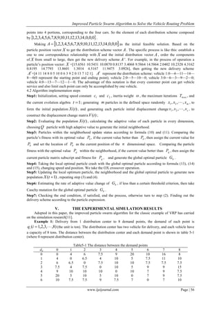 Improved Particle Swarm Algorithm to Solve the Vehicle Routing Problem
www.ijeijournal.com Page | 56
points into 4 portions, corresponding to the four cars. So the element of each distribution scheme composed
by 0,0,0,14,13,12,11,10,9,8,7,6,5,4,3,2,1 .
Making  0,0,0,14,13,12,11,10,9,8,7,6,5,4,3,2,1A as the initial feasible solution. Based on the
particle position vector X to get the distribution scheme vector A. The specific process is like this: establish a
one to one correspondence relationship with X and the initial distribution vector A, order the components
of X from small to large, then get the new delivery scheme A’. For example, in the process of operation a
particle’s position vector: X =[15.6561 10.5431 10.0870 0.8137 3.4068 9.5864 14.5864 2.0402 10.2328 4.3162
0.8195 14.7793 13.8601 1.3014 4.5167 11.9475 3.0926], then getting the new delivery scheme
A=[4 11 14 8 0 5 10 0 6 3 9 2 0 13 7 12 1]. A represent the distribution scheme: vehicle 1:0—4—11—14—
8—0(0 represent the starting point and ending point); vehicle 2:0—5—10—0; vehicle 3:0—6—3—9—2—0;
vehicle 4:0—13—7—12—1—0. The advantage of this notation is that every customer point can get vehicle
service and also limit each point can only be accomplished by one vehicle.
4.2 Algorithm implementation steps
Step1: Initialization, setting speed constant 1c and 2c , inertia weight  , the maximum iterations maxT , and
the current evolution algebra 1t ; generating m particles in the defined space randomly mxxx ,,, 21  , to
form the initial population )(tX , and generating each particle initial displacement change svvv ,,, 21  , to
construct the displacement change matrix )(tV ;
Step2: Evaluating the population )(tX , calculating the adaptive value of each particle in every dimension,
choosing Q particle with high adaptive value to generate the initial neighborhood.
Step3: Particles within the neighborhood update status according to formula (10) and (11). Comparing the
particle’s fitness with its optimal value bP , if the current value better than bP , then assign the current value for
bP and set the location of bP as the current position of the n dimensional space. Comparing the particle
fitness with the optimal value gP within the neighborhood, if the current value better than gP , then assign the
current particle matrix subscript and fitness for gP , and generate the global optimal particle bG .
Step4: Taking the local optimal particle crash with the global optimal particle according to formula (13), (14)
and (15), changing speed and position. We take the OX crossover operation.
Step5: Updating the local optimum particle, the neighborhood and the global optimal particle to generate new
population )1( tX , repeating step (3) and (4).
Step6: Estimating the rate of adaptive value change of bG , if less than a certain threshold criterion, then take
Cauchy mutation for the global optimal particle bG .
Step7: Checking the end condition, if satisfied, end the process, otherwise turn to step (2). Finding out the
delivery scheme according to the particle expression.
V. THE EXPERIMENTAL SIMULATION RESULTS
Adopted in this paper, the improved particle swarm algorithm for the classic example of VRP has carried
on the simulation research[11].
Example 1: Delivery from 1 distribution center to 8 demand points, the demand of each point is
)8,,3,2,1( iqi (the unit is ton). The distribution center has two vehicle for delivery, and each vehicle have
a capacity of 8 tons. The distance between the distribution center and each demand point is shown in table 5-1
(where 0 represent distribution center).
Table5-1 The distance between the demand points
dij 0 1 2 3 4 5 6 7 8
0 0 4 6 7.5 9 20 10 16 8
1 4 0 6.5 4 10 5 7.5 11 10
2 6 6.5 0 7.5 10 10 7.5 7.5 7.5
3 7.5 4 7.5 0 10 5 9 9 15
4 9 10 10 10 0 10 7 9 7.5
5 20 5 10 5 10 0 7 9 7.5
6 10 7.5 7.5 9 7.5 7 0 7 10
 