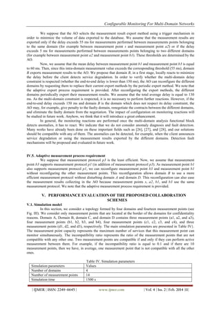 Configurable Monitoring For Multi-Domain Networks
| IJMER | ISSN: 2249–6645 | www.ijmer.com | Vol. 4 | Iss. 2 | Feb. 2014 |11|
We suppose that the AO selects the measurement result export method using a trigger mechanism in
order to minimize the volume of data exported to the database. We assume that the measurement results are
exported only if the delay exceeds 55 ms for measurements performed between measurements points belonging
to the same domain (for example between measurement point s and measurement point a2) or if the delay
exceeds 5 ms for measurements performed between measurements points belonging to two different domains
(for example between measurement point a2 and measurement point b1). These thresholds are determined by the
AO.
Now, we assume that the mean delay between measurement point b1 and measurement point b3 is equal
to 60 ms. Then, since this intra-domain measurement value exceeds the corresponding threshold (55 ms), domain
B exports measurement results to the AO. We propose that domain B, in a first stage, locally reacts to minimize
the delay before the client detects service degradation. In order to verify whether the multi-domain delay
constraint is respected (whether the end-to-end delay is lower than 150 ms), the AO can reconfigure the different
domains by requesting them to replace their current export methods by the periodic export method. We note that
the adaptive export process requirement is provided. After reconfiguring the export methods, the different
domains periodically export their measurement results. We assume that the total average delay is equal to 130
ms. As the multi-domain constraint is respected, it is no necessary to perform further reactions. However, if the
end-to-end delay exceeds 150 ms and domain B is the domain which does not respect its delay constraint, the
AO may, for example, give penalty to the faulty domain, renegotiate the contracts between the different domains,
and eliminate the faulty domain from the negotiation. The impact of configuration on monitoring reactions will
be studied in future work. Anyhow, we think that it will introduce a great enhancement.
In general, the monitoring reactions are performed once the multi-domain analysis functional block
detects anomalies, it has to react. We indicate that we do not consider anomaly diagnosis and fault detection.
Many works have already been done on these important fields such as [26], [27], and [28], and our solutions
should be compatible with any of them. The anomalies can be detected, for example, when the client announces
service degradation or using the measurement results exported by the different domains. Detection fault
mechanisms will be proposed and evaluated in future work.
IV.5. Adaptive measurement process requirement
We suppose that measurement protocol p3 is the least efficient. Now, we assume that measurement
point b3 supports measurement protocol p1 (in addition of measurement protocol p3). As measurement point b1
also supports measurement protocol p1, we can reconfigure measurement point b3 and measurement point b1
without reconfiguring the other measurement points. This reconfiguration allows domain B to use a more
efficient measurement protocol without disturbing domain A and domain D. This reconfiguration can also ease
the measurement results collecting in the AO because measurement points s, a2, b1, and b3 use the same
measurement protocol. We note that the adaptive measurement process requirement is provided.
V. PERFORMANCE EVALUATION OF THE PROPOSED COLLABORATION
SCHEMES
V.1. Simulation model
In this section, we consider a topology formed by four domains and fourteen measurement points (see
Fig. III). We consider only measurement points that are located at the border of the domains for confidentiality
reasons. Domain A, Domain B, domain C, and domain D contains three measurement points (a1, a2, and a3),
four measurement points (b1, b2, b3, and b4), four measurement points (c1, c2, c3, and c4), and three
measurement points (d1, d2, and d3), respectively. The main simulation parameters are presented in Table IV}.
The measurement point capacity represents the maximum number of services that this measurement point can
monitor simultaneously. The incompatibility ratio represents the ratio of the measurement points that are not
compatible with any other one. Two measurement points are compatible if and only if they can perform active
measurement between them. For example, if the incompatibility ratio is equal to 0.1 and if there are 10
measurement points, then we have, in average, one measurement point that is not compatible with all the other
ones.
Table IV. Simulation parameters
Simulation parameters Values
Number of domains 4
Number of measurement points 14
Simulation time 1500 s
 