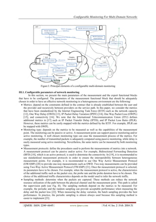 Configurable Monitoring For Multi-Domain Networks
| IJMER | ISSN: 2249–6645 | www.ijmer.com | Vol. 4 | Iss. 2 | Feb. 2014 |5|
Figure I. Principal elements of a configurable multi-domain monitoring
III.1. Configurable parameters of network monitoring
In this section, we present the main parameters of the measurement and the export functional blocks
that have to be configured. The parameters of the measurement functional block that should be adequately
chosen in order to have an effective network monitoring in a heterogeneous environment are the following:
 Metrics: depend on the constraints defined in the contract that is already established between the user and
the provider and recursively between providers on the service path. In this paper, we consider the metrics
that have been standardized by the Internet Engineering Task Force (IETF) such as the network capacity
[12], One Way Delay (OWD) [13], IP Packet Delay Variation (IPDV) [14], One Way Packet Loss (OWPL)
[15], and connectivity [16]. We note that the International Telecommunication Union (ITU) defines
additional metrics in [17] such as IP Packet Transfer Delay (IPTD), and IP Packet Loss Ratio (IPLR).
However, these metrics can be easily mapped with the metrics defined by the IETF. For example, IPLR can
be mapped with OWPL.
 Monitoring type: depends on the metrics to be measured as well as the capabilities of the measurement
point. The monitoring can be passive or active. A measurement point can support passive monitoring and/or
active monitoring. A well chosen monitoring type can ease the measurement process of the metrics. For
example, the number of transmitted packets is adequately computed using passive monitoring, while delay is
easily measured using active monitoring. Nevertheless, the same metric can be measured by both monitoring
types.
 Measurement protocols: define the procedures used to perform the measurements of metrics into a network.
A measurement protocol can be passive and/or active. For example, Bidirectional Forwarding Detection
(BFD) [18], which is an active protocol, is used to determine the connectivity. In [19], it is recommended to
use standardized measurement protocols in order to ensure the interoperability between heterogeneous
measurement points. For example, it is recommended to use One Way Active Measurement Protocol
(OWAMP) [20] to provide one-way measurements such as OWD. Two-way measurements can be provided
using Two-Way Active Measurement Protocol (TWAMP) [21]. Once the measurement protocol is selected,
its parameters have to be chosen. For example, when the measurement protocol is active, the characteristics
of the additional traffic such as the packet size, the probe rate and the probe duration have to be chosen. The
choice of the additional traffic characteristics depends on the model used to infer the network traffic.
 Sampling methods: determine when the packets are captured. These methods can reduce the network
resource utilization of the path between the physical channel and the measurement point. This path is called
the supervision path (see Fig. II). The sampling methods depend on the metrics to be measured. For
example, the periodic and the random sampling can provide acceptable performance when measuring the
delay and the packet loss [22]. When measuring the delay variation, the batch sampling provides the best
performance. In practice, the periodic sampling is almost always used because this sampling method is
easier to implement [23].
 