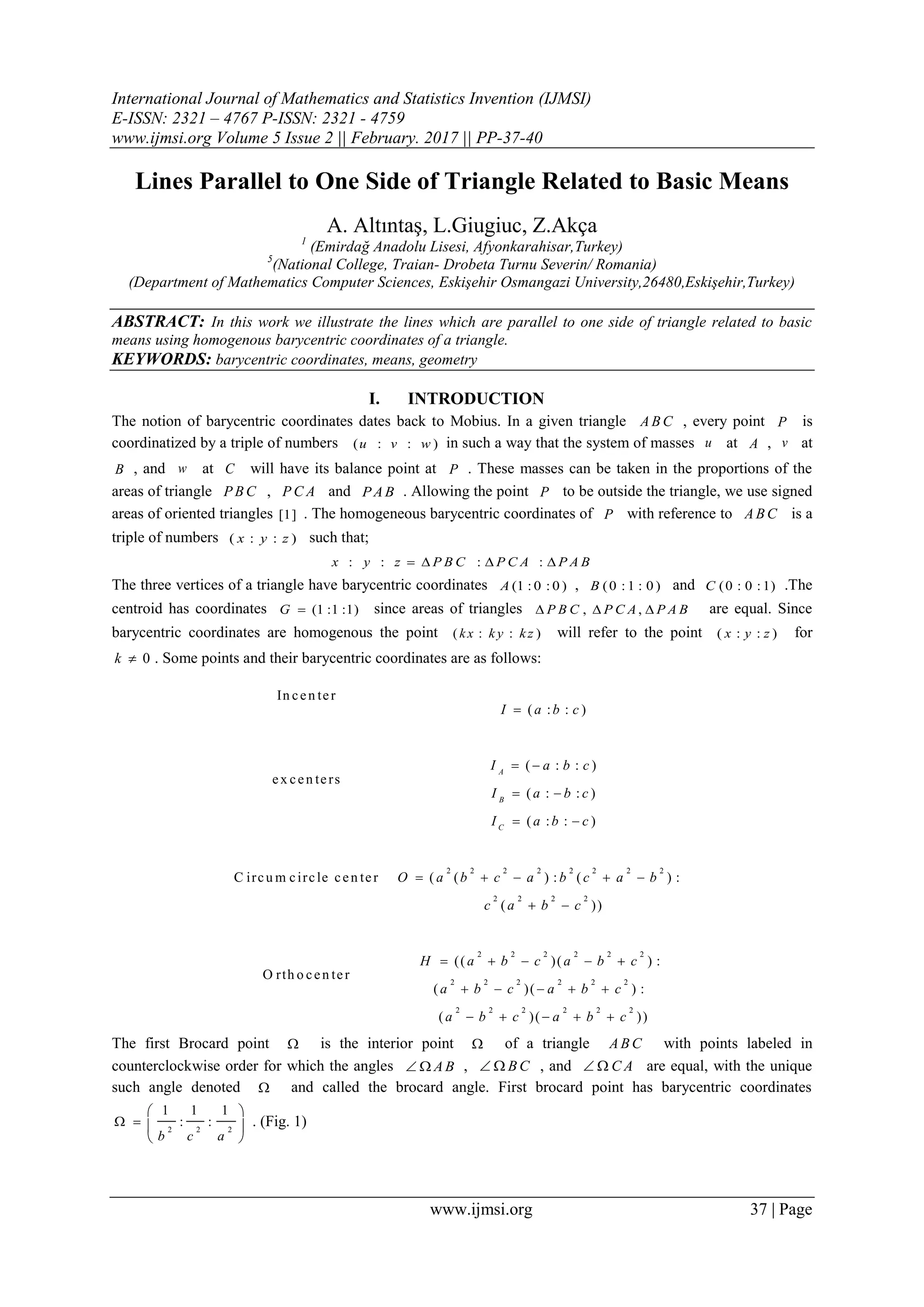David Severin Math Lines Parallel to One Side of Triangle Related to Basic Means | PDF
