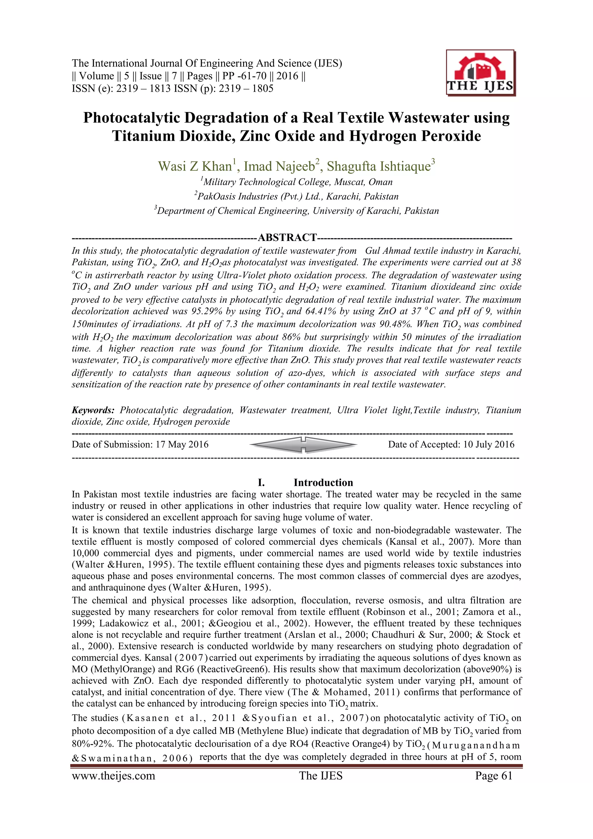 Photocatalytic Degradation of a Real Textile Wastewater using Titanium ...