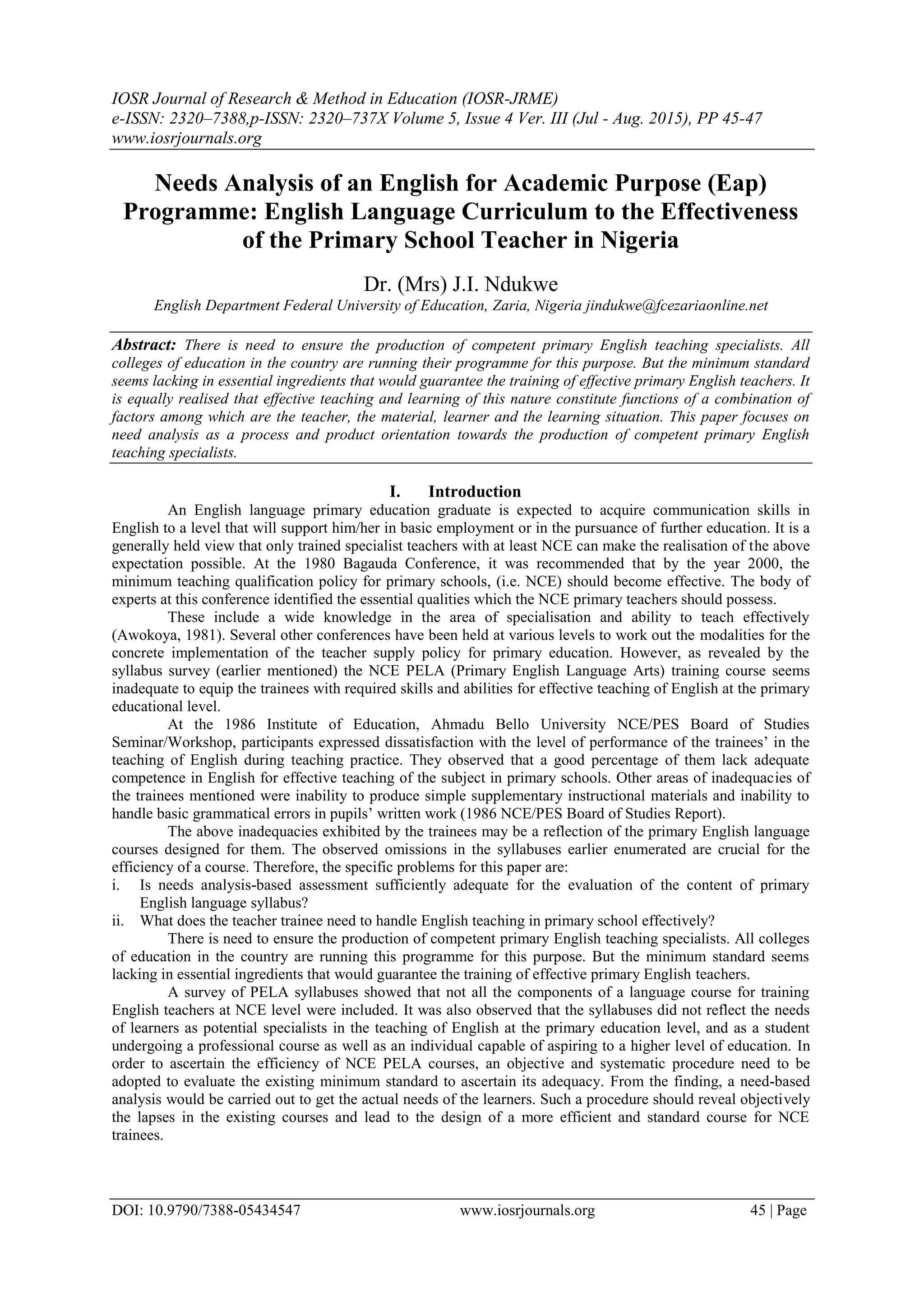 Needs Analysis of an English for Academic Purpose (Eap) Programme ...