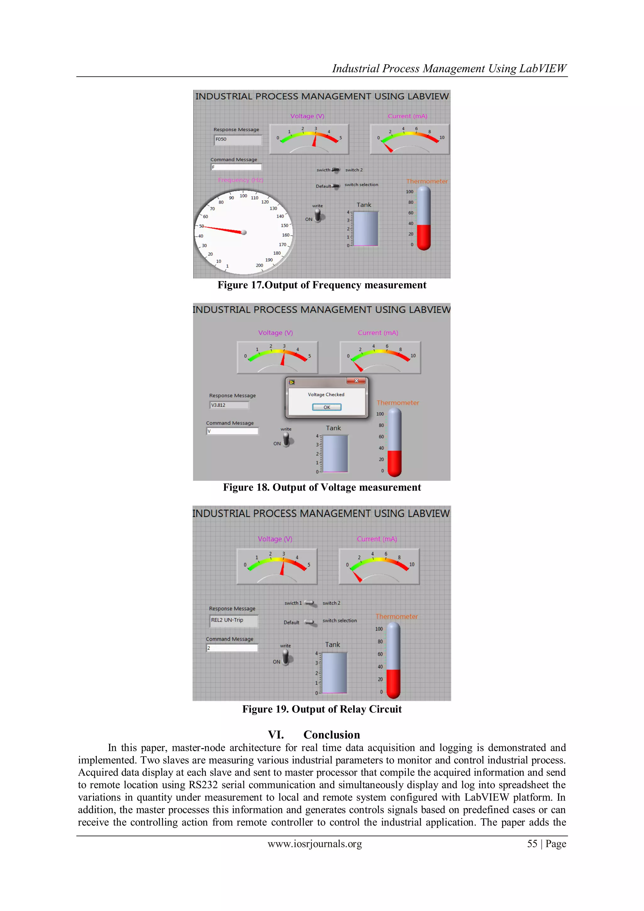 Industrial Process Management Using LabVIEW
www.iosrjournals.org 55 | Page
Figure 17.Output of Frequency measurement
Figure 18. Output of Voltage measurement
Figure 19. Output of Relay Circuit
VI. Conclusion
In this paper, master-node architecture for real time data acquisition and logging is demonstrated and
implemented. Two slaves are measuring various industrial parameters to monitor and control industrial process.
Acquired data display at each slave and sent to master processor that compile the acquired information and send
to remote location using RS232 serial communication and simultaneously display and log into spreadsheet the
variations in quantity under measurement to local and remote system configured with LabVIEW platform. In
addition, the master processes this information and generates controls signals based on predefined cases or can
receive the controlling action from remote controller to control the industrial application. The paper adds the
 