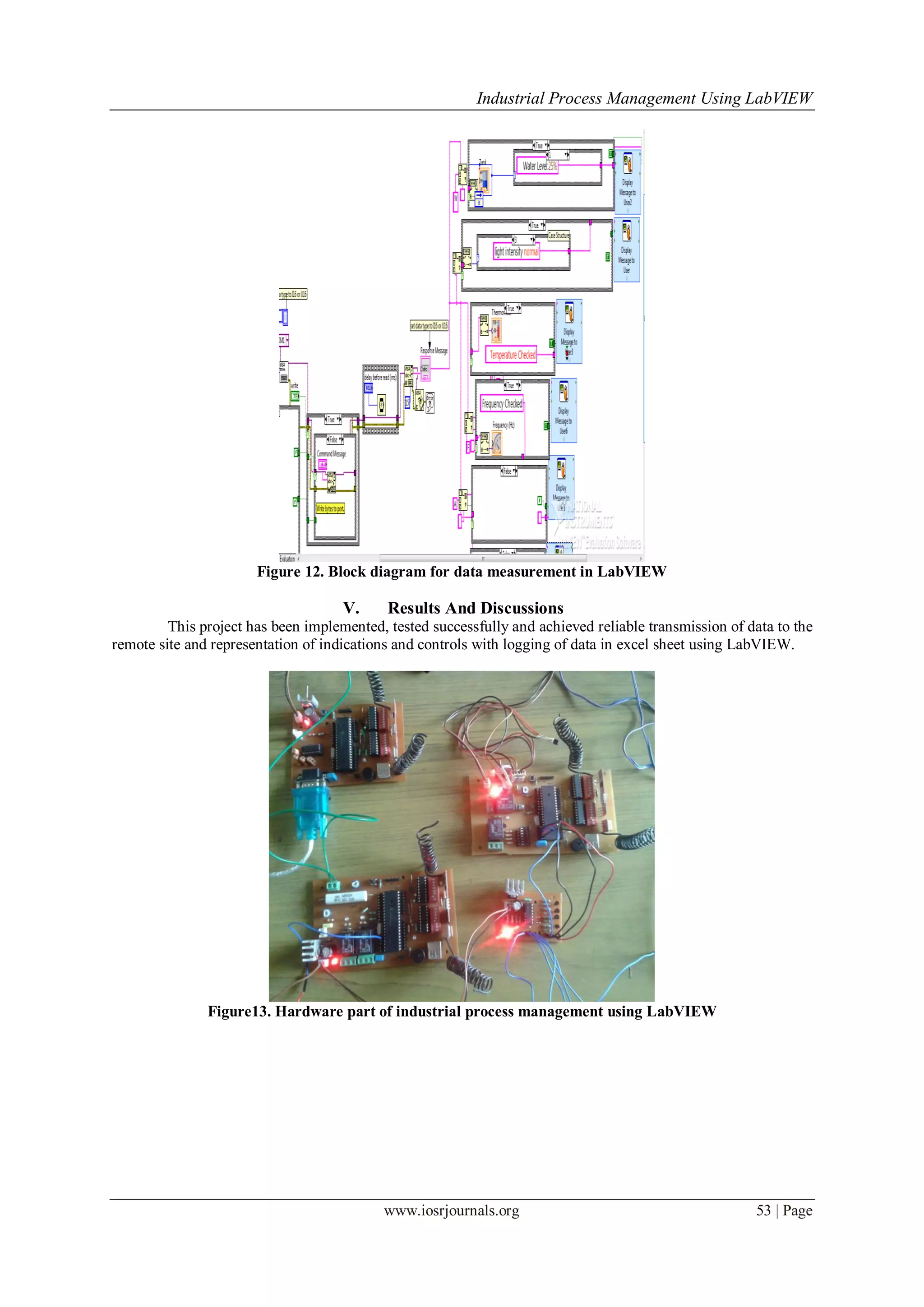 Industrial Process Management Using LabVIEW
www.iosrjournals.org 53 | Page
Figure 12. Block diagram for data measurement in LabVIEW
V. Results And Discussions
This project has been implemented, tested successfully and achieved reliable transmission of data to the
remote site and representation of indications and controls with logging of data in excel sheet using LabVIEW.
Figure13. Hardware part of industrial process management using LabVIEW
 