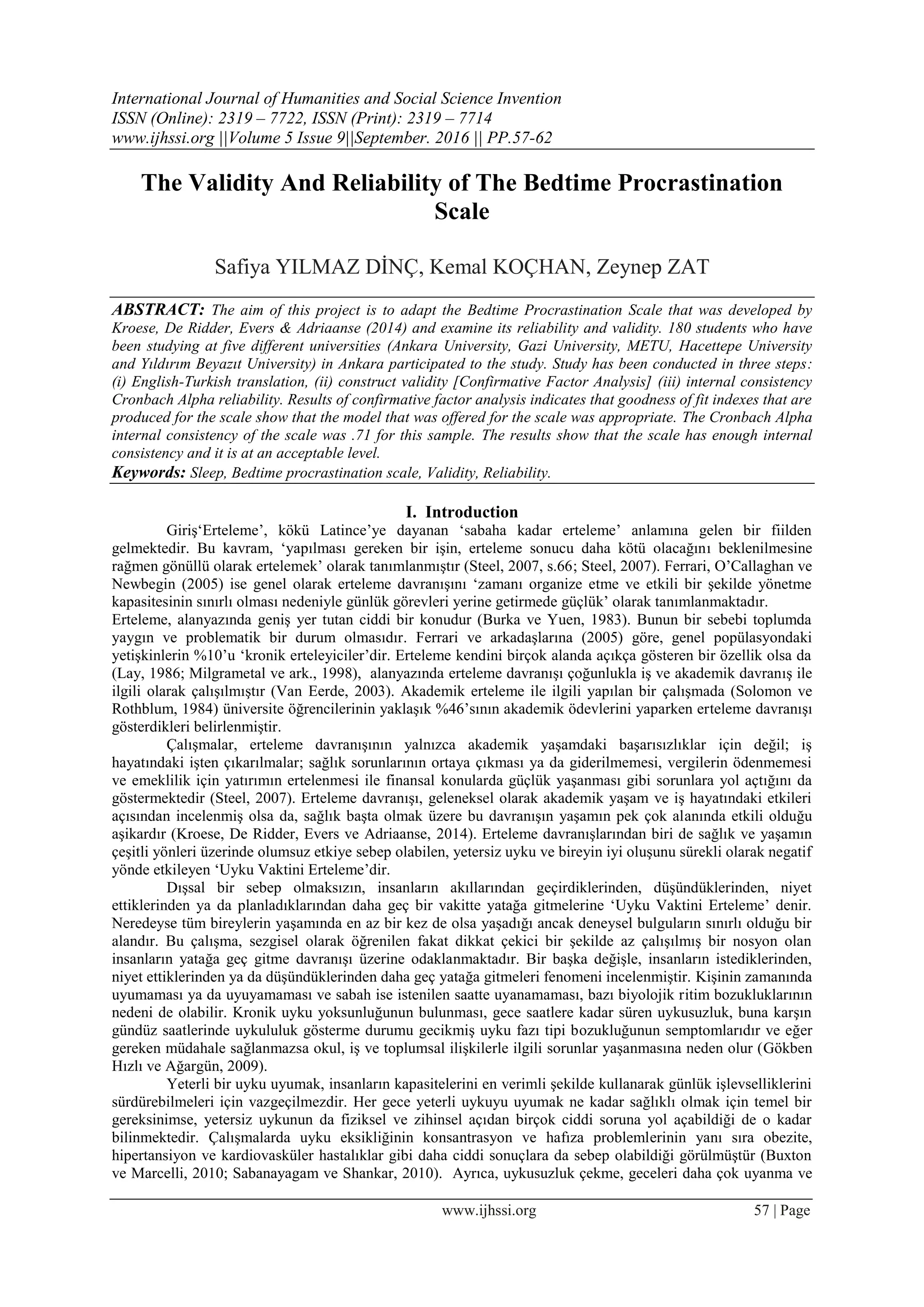 The Validity And Reliability of The Bedtime Procrastination Scale | PDF