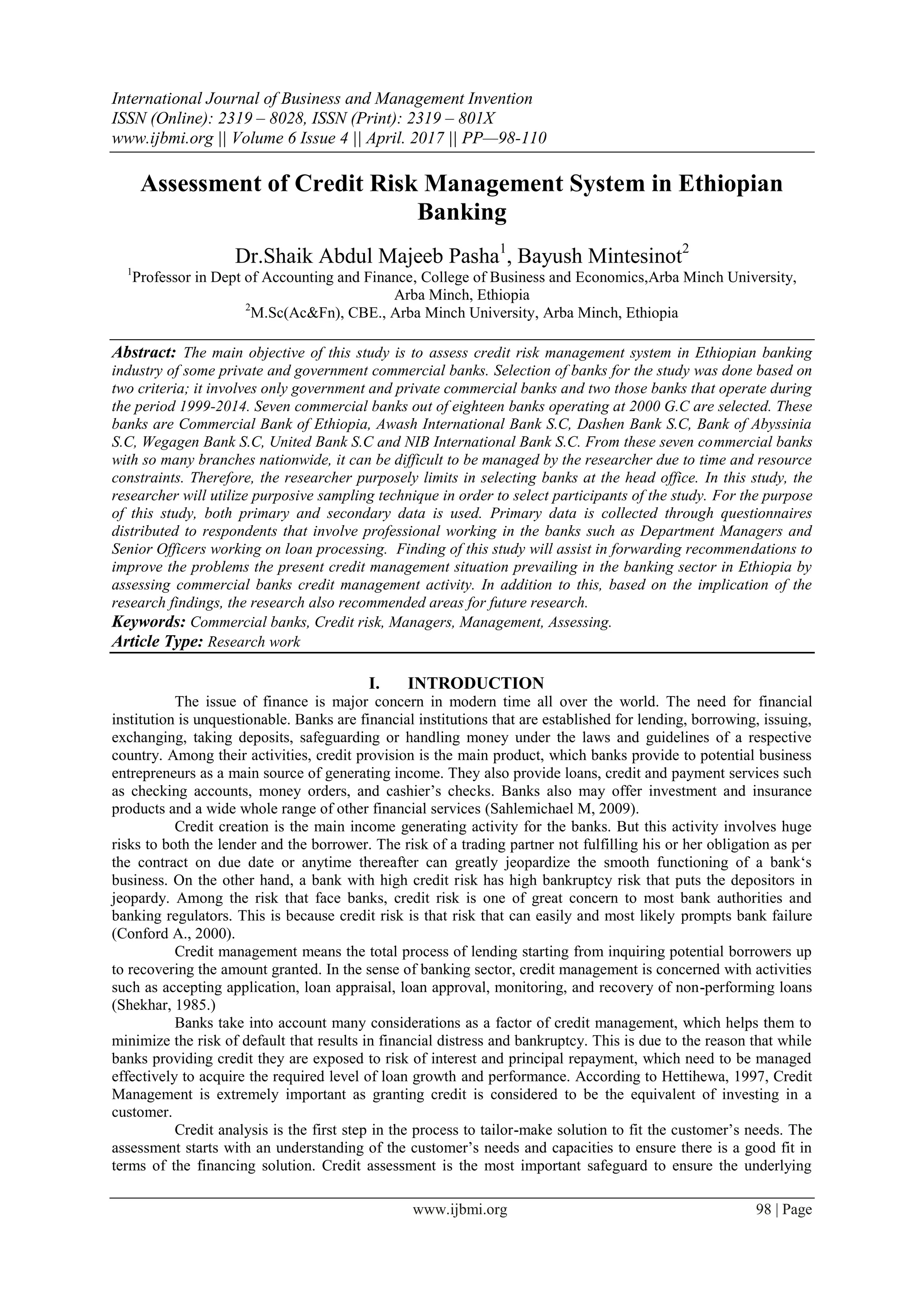 Assessment of Credit Risk Management System in Ethiopian Banking | PDF